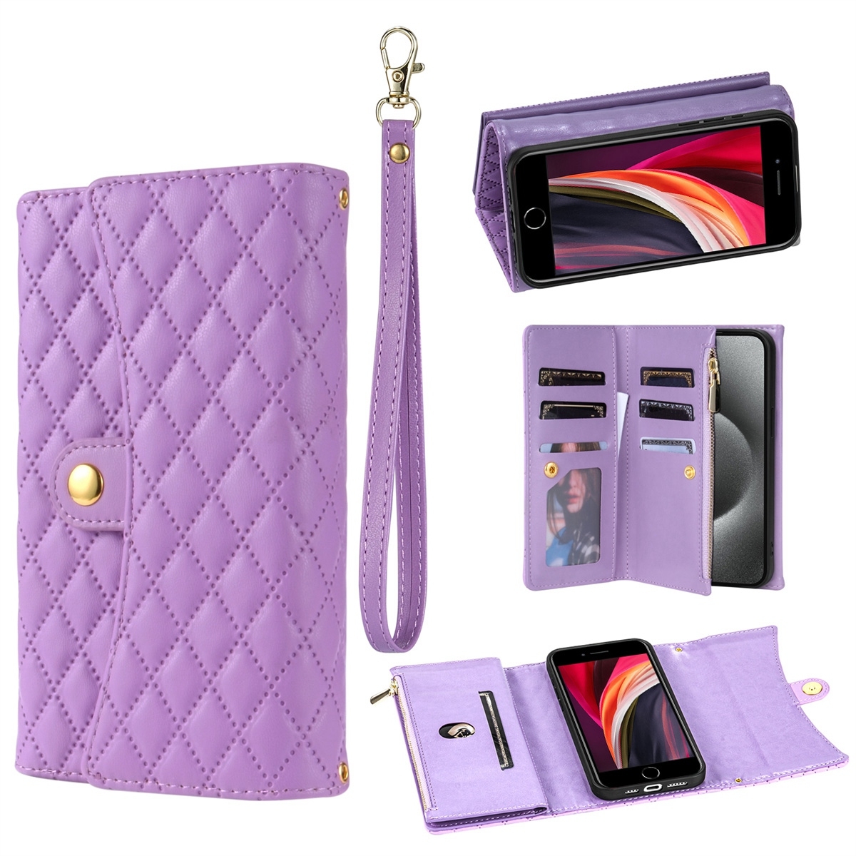 For iPhone 7 / 8 / SE 2022 Zipper Multi-Card Wallet Rhombic Leather Phone Case(Purple) For iPhone 7 / 8 / SE 2022 Zipper Multi-Card Wallet Rhombic Leather Phone Case(Purple)