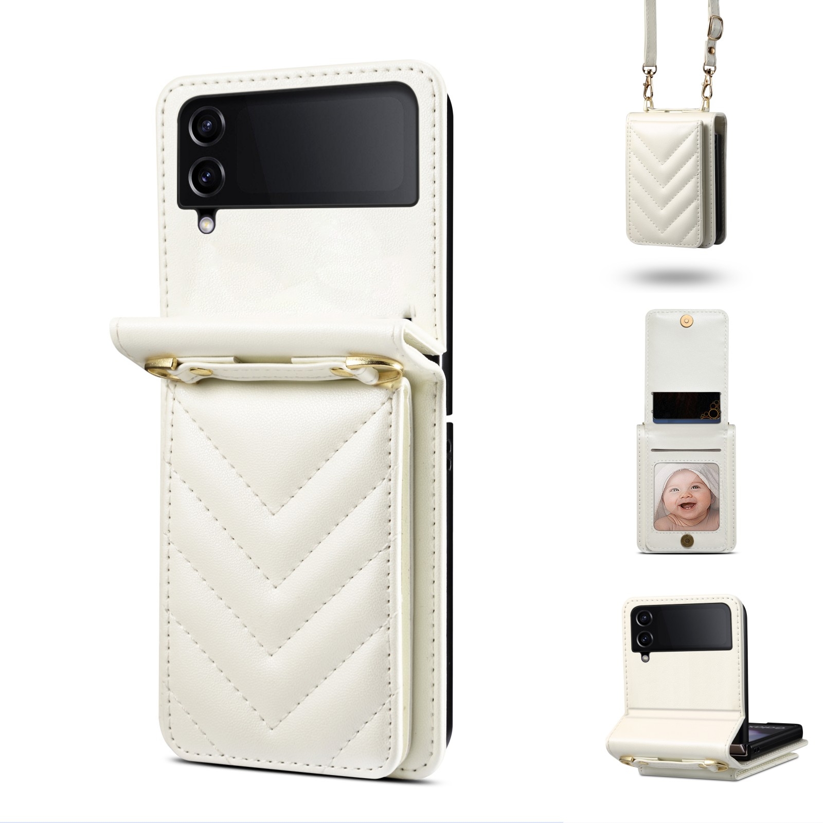For Samsung Galaxy Z Flip4 Rhombic Folding Leather Phone Case with Long Lanyard(White) For Samsung Galaxy Z Flip4 Rhombic Folding Leather Phone Case with Long Lanyard(White)