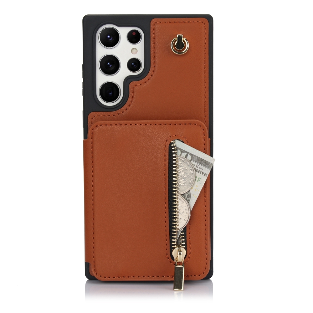 For Samsung Galaxy S23 Ultra 5G YM006 Skin Feel Zipper Card Bag Phone Case with Dual Lanyard(Brown) For Samsung Galaxy S23 Ultra 5G YM006 Skin Feel Zipper Card Bag Phone Case with Dual Lanyard(Brown)