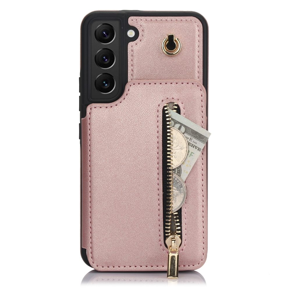 For Samsung Galaxy S22+ 5G YM006 Skin Feel Zipper Card Bag Phone Case with Dual Lanyard(Rose Gold) For Samsung Galaxy S22+ 5G YM006 Skin Feel Zipper Card Bag Phone Case with Dual Lanyard(Rose Gold)