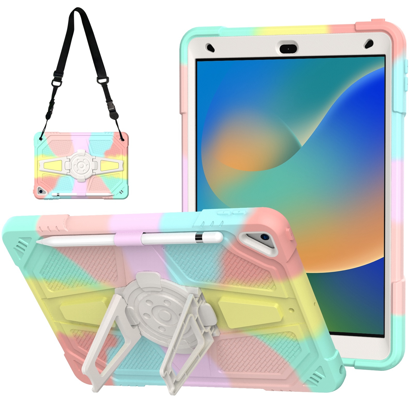 For iPad 10.2 2021 / 2020 / 2019 Punk Stand PC Hybrid Silicone Tablet Case with Shoulder Strap(Colorful)