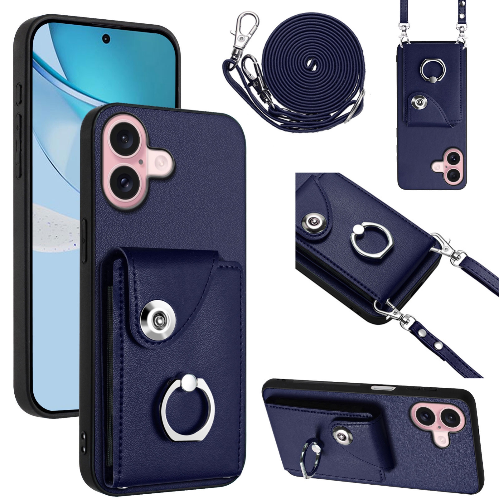 For iPhone 16 Organ Card Bag Ring Holder Phone Case with Long Lanyard(Blue) For iPhone 16 Organ Card Bag Ring Holder Phone Case with Long Lanyard(Blue)
