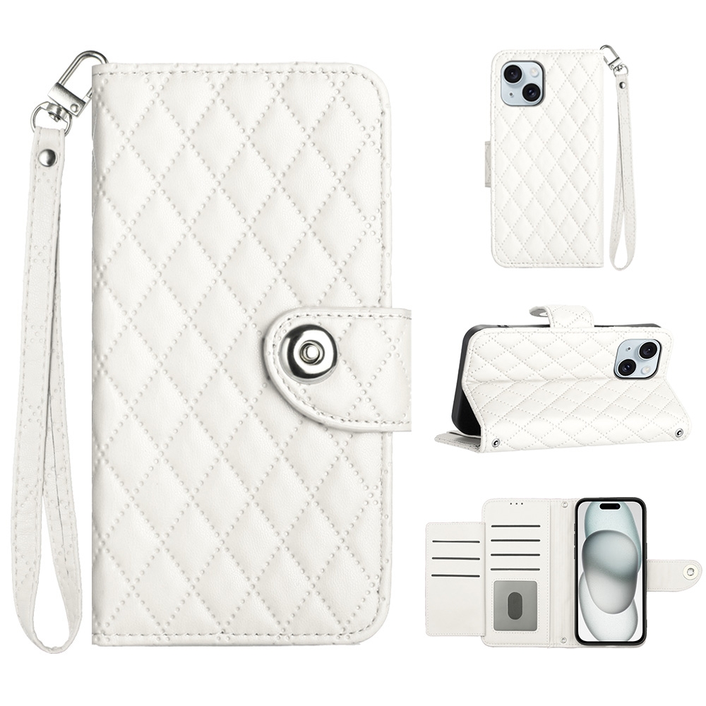 For iPhone 14 Rhombic Texture Flip Leather Phone Case with Lanyard(White)