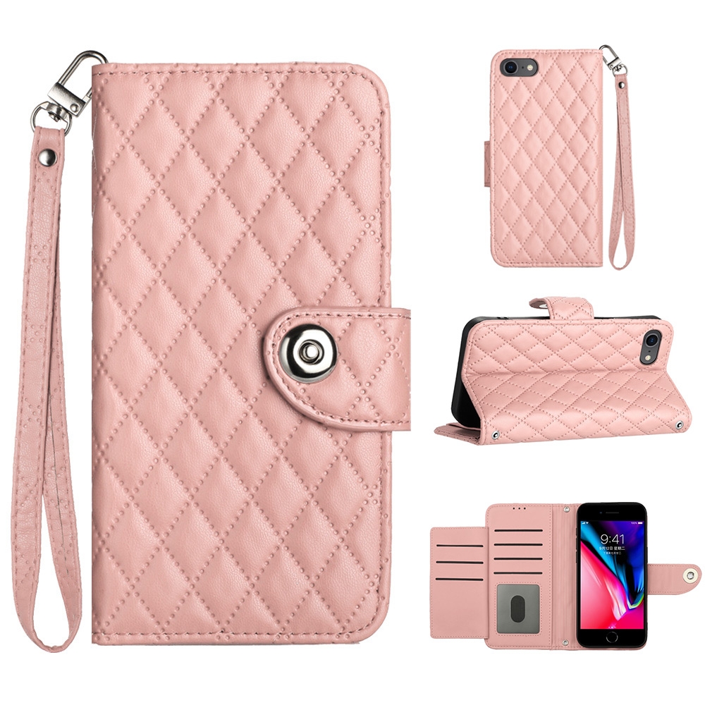 For iPhone SE 2022 / 2020 / 8 / 7 Rhombic Texture Flip Leather Phone Case with Lanyard(Coral Pink) For iPhone SE 2022 / 2020 / 8 / 7 Rhombic Texture Flip Leather Phone Case with Lanyard(Coral Pink)