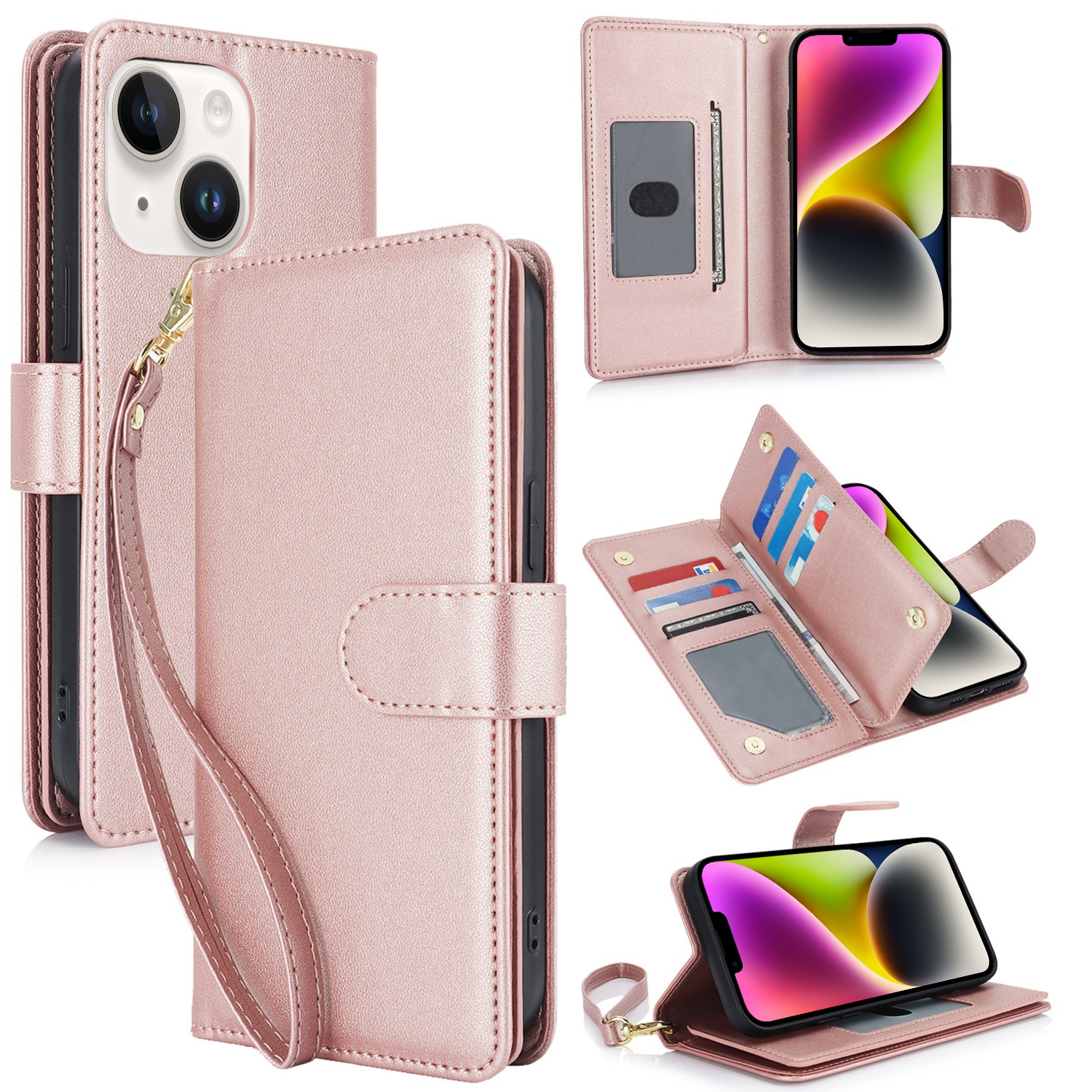 For iPhone 14 Multi-Card Wallet RFID Leather Phone Case(Rose Gold) For iPhone 14 Multi-Card Wallet RFID Leather Phone Case(Rose Gold)