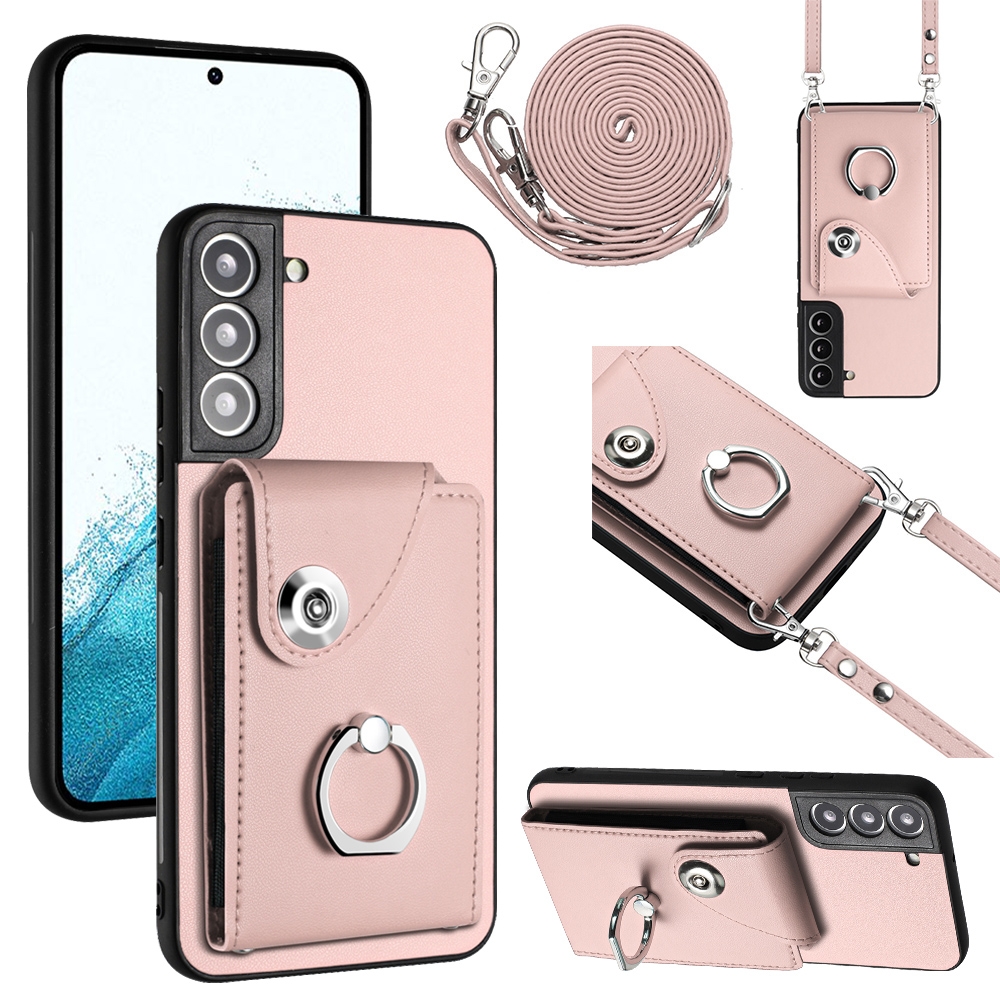 For Samsung Galaxy S22 5G Organ Card Bag Ring Holder Phone Case with Long Lanyard(Pink) For Samsung Galaxy S22 5G Organ Card Bag Ring Holder Phone Case with Long Lanyard(Pink)