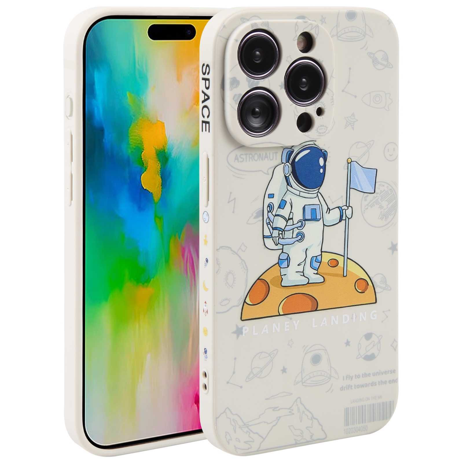 For iPhone 16 Pro Astronaut Pattern Silicone Straight Edge Phone Case(Planet Landing-White) For iPhone 16 Pro Astronaut Pattern Silicone Straight Edge Phone Case(Planet Landing-White)