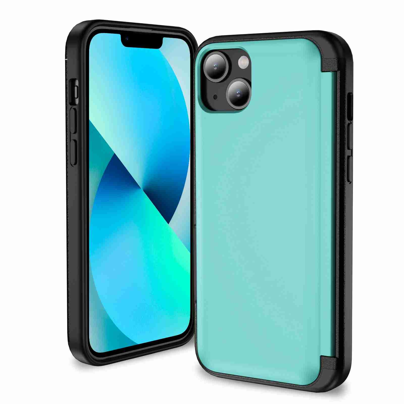 For iPhone 14 / 13 3 in 1 Flip Holder Phone Case(Cyan) For iPhone 14 / 13 3 in 1 Flip Holder Phone Case(Cyan)
