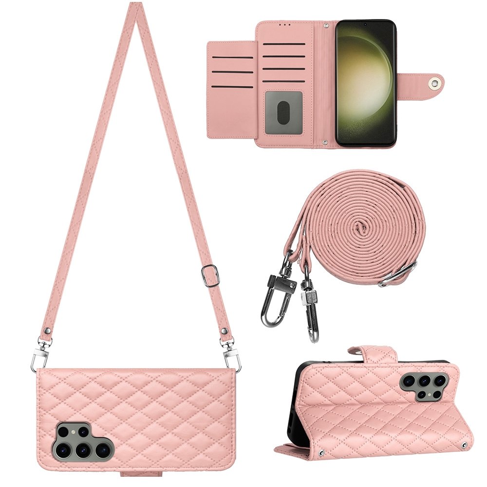 For Samsung Galaxy S23 Ultra 5G Rhombic Texture Flip Leather Phone Case with Long Lanyard(Coral Pink) For Samsung Galaxy S23 Ultra 5G Rhombic Texture Flip Leather Phone Case with Long Lanyard(Coral Pink)