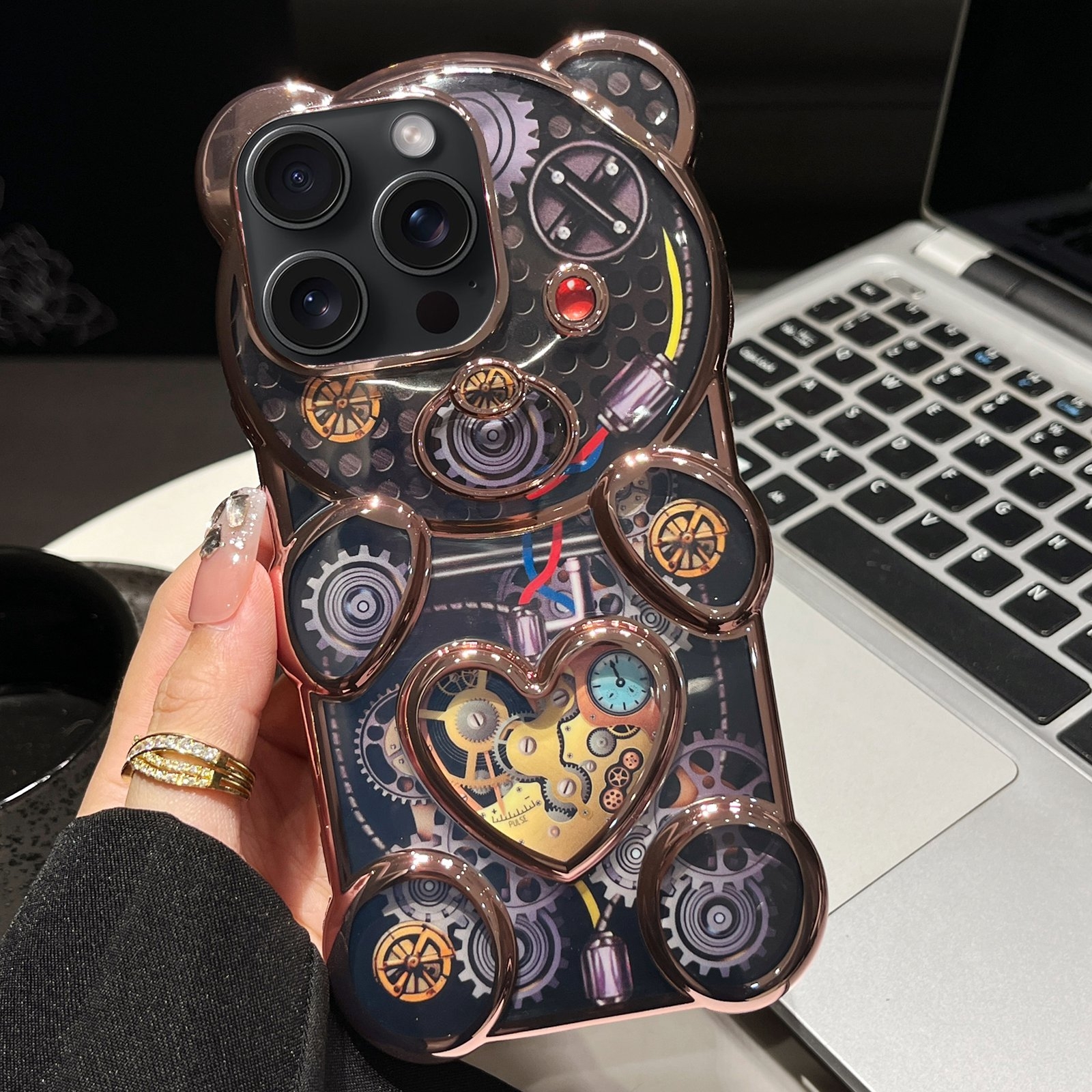 For iPhone 15 Pro Bear Shaped Embossed Electroplated TPU Phone Case(Pink) For iPhone 15 Pro Bear Shaped Embossed Electroplated TPU Phone Case(Pink)