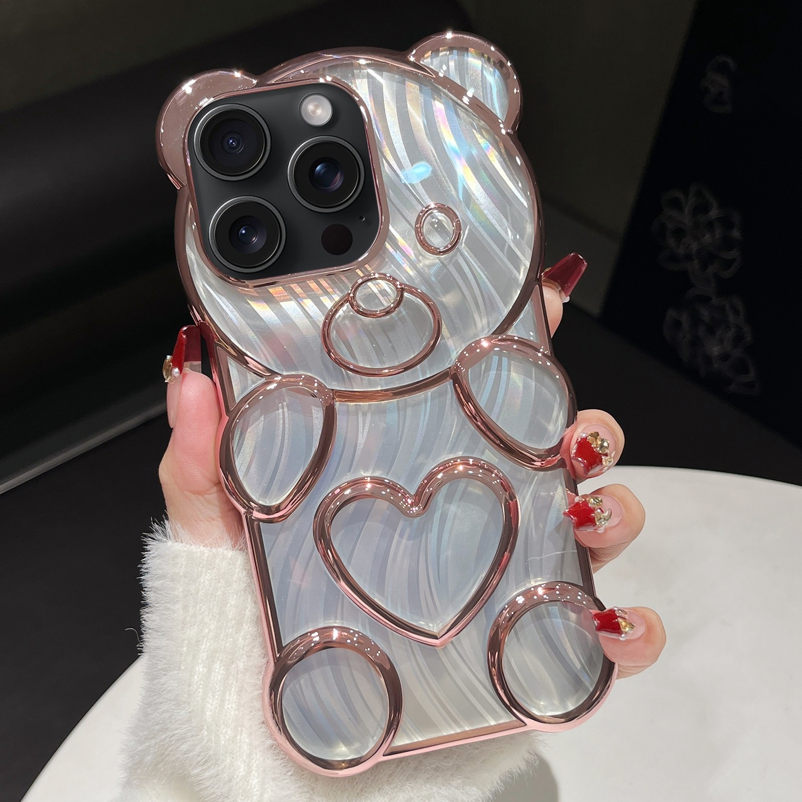 For iPhone 15 Pro Bear Shaped Embossed Electroplated Laser TPU Phone Case(Pink) For iPhone 15 Pro Bear Shaped Embossed Electroplated Laser TPU Phone Case(Pink)
