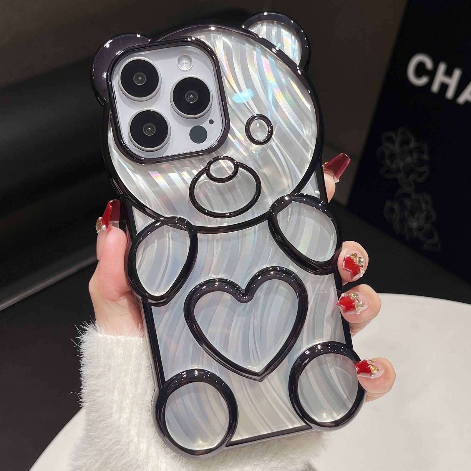 For iPhone 16 Pro Max Bear Shaped Embossed Electroplated Laser TPU Phone Case(Black) For iPhone 16 Pro Max Bear Shaped Embossed Electroplated Laser TPU Phone Case(Black)