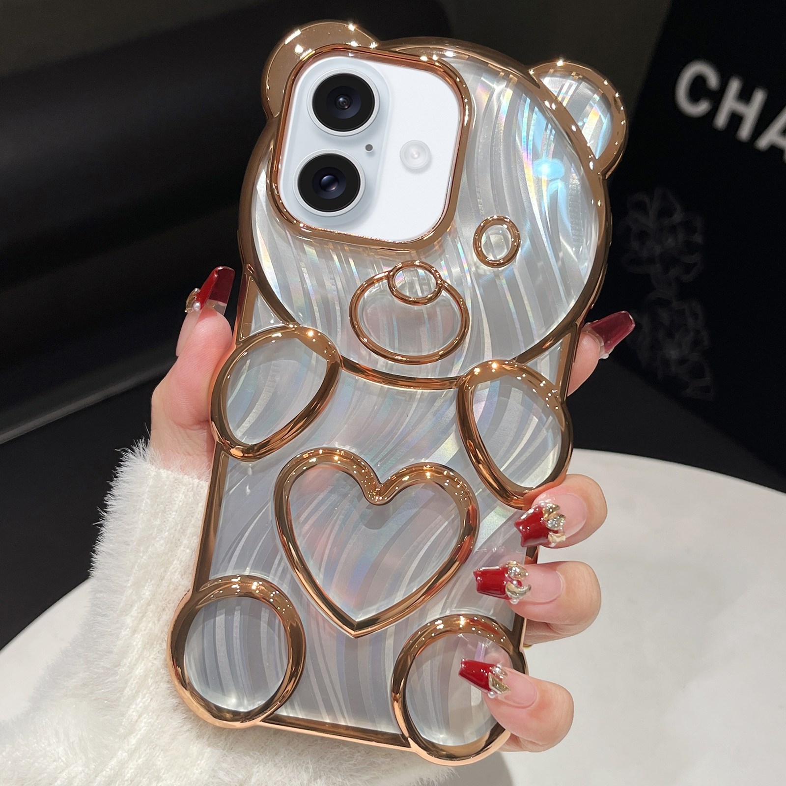 For iPhone 16 Bear Shaped Embossed Electroplated Laser TPU Phone Case(Gold) For iPhone 16 Bear Shaped Embossed Electroplated Laser TPU Phone Case(Gold)