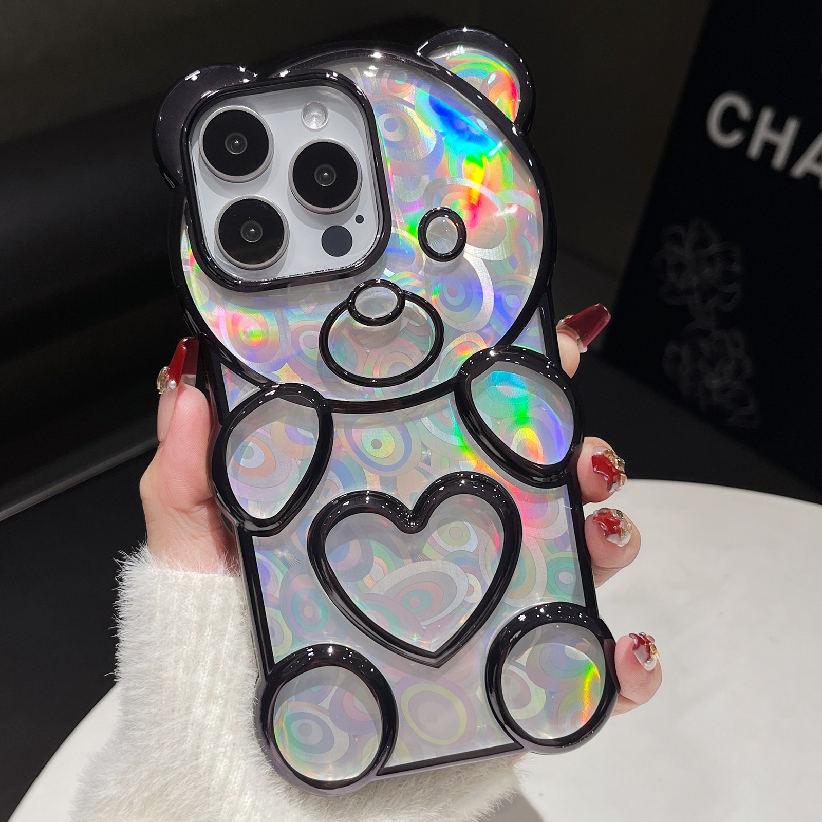 For iPhone 16 Pro Bear Shape Electroplated Laser TPU Phone Case(Black) For iPhone 16 Pro Bear Shape Electroplated Laser TPU Phone Case(Black)