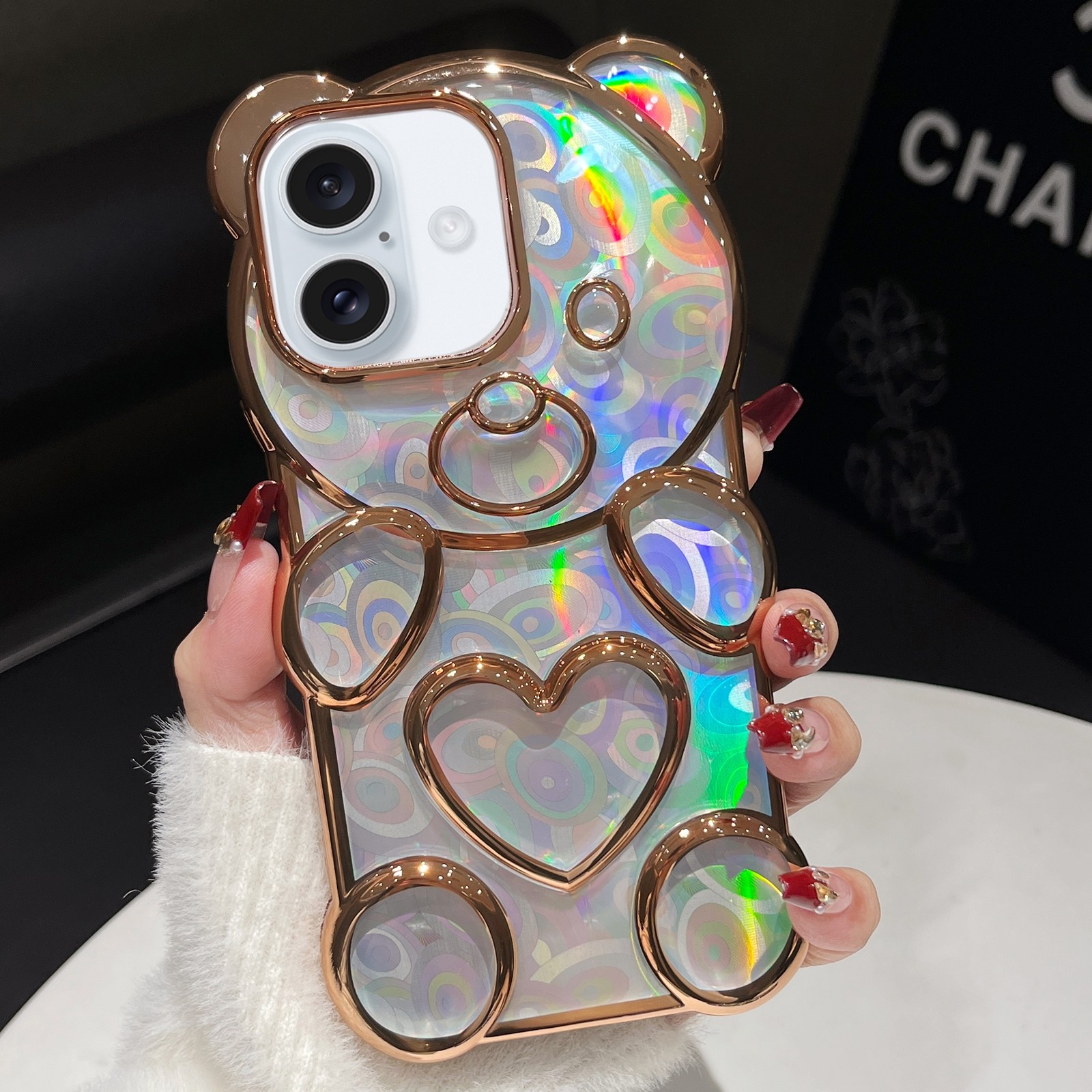 For iPhone 16 Bear Shape Electroplated Laser TPU Phone Case(Gold) For iPhone 16 Bear Shape Electroplated Laser TPU Phone Case(Gold)