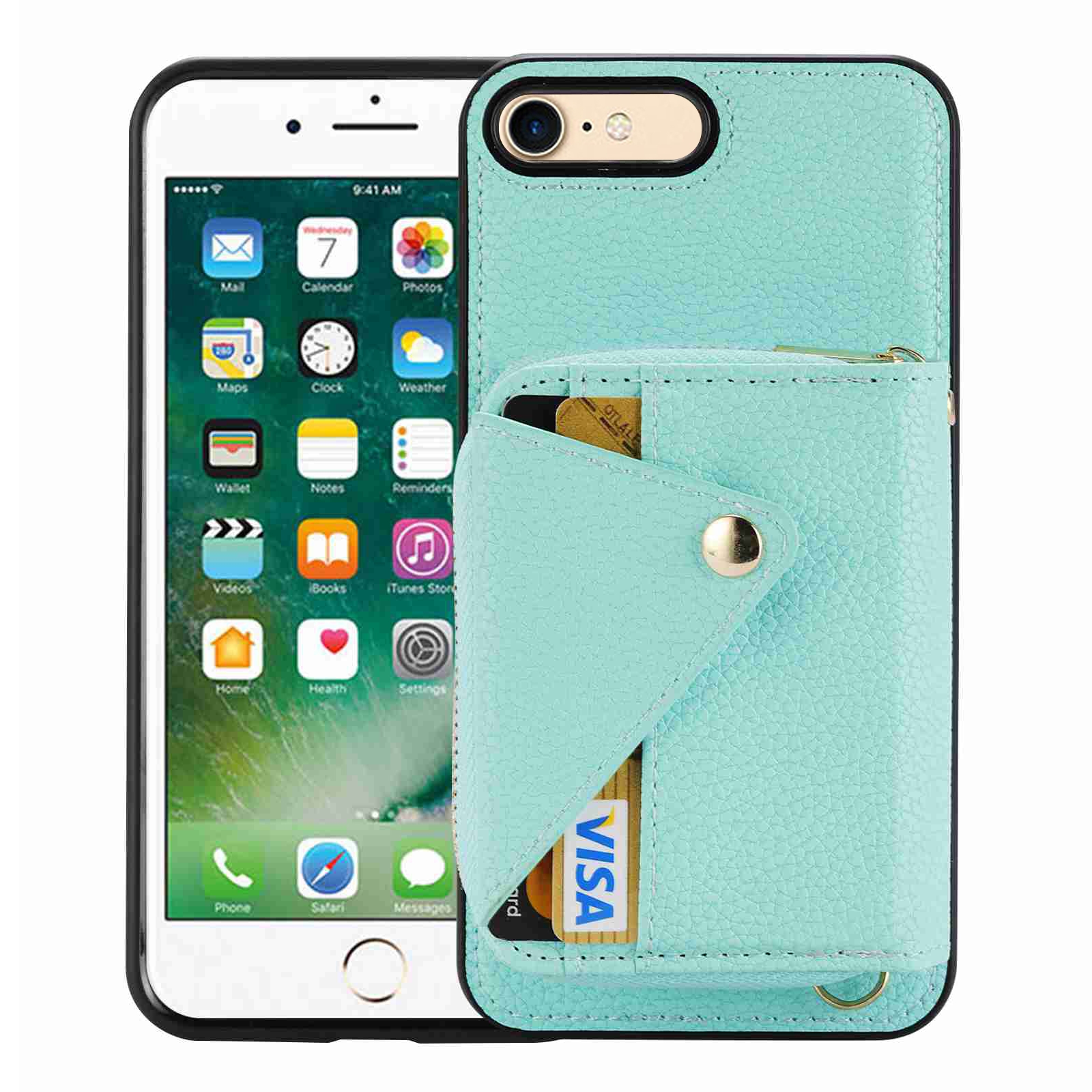 For iPhone SE 2022 / SE 2020 Crossbody Zipper Card Bag RFID Anti-theft Phone Case(Mint Green)