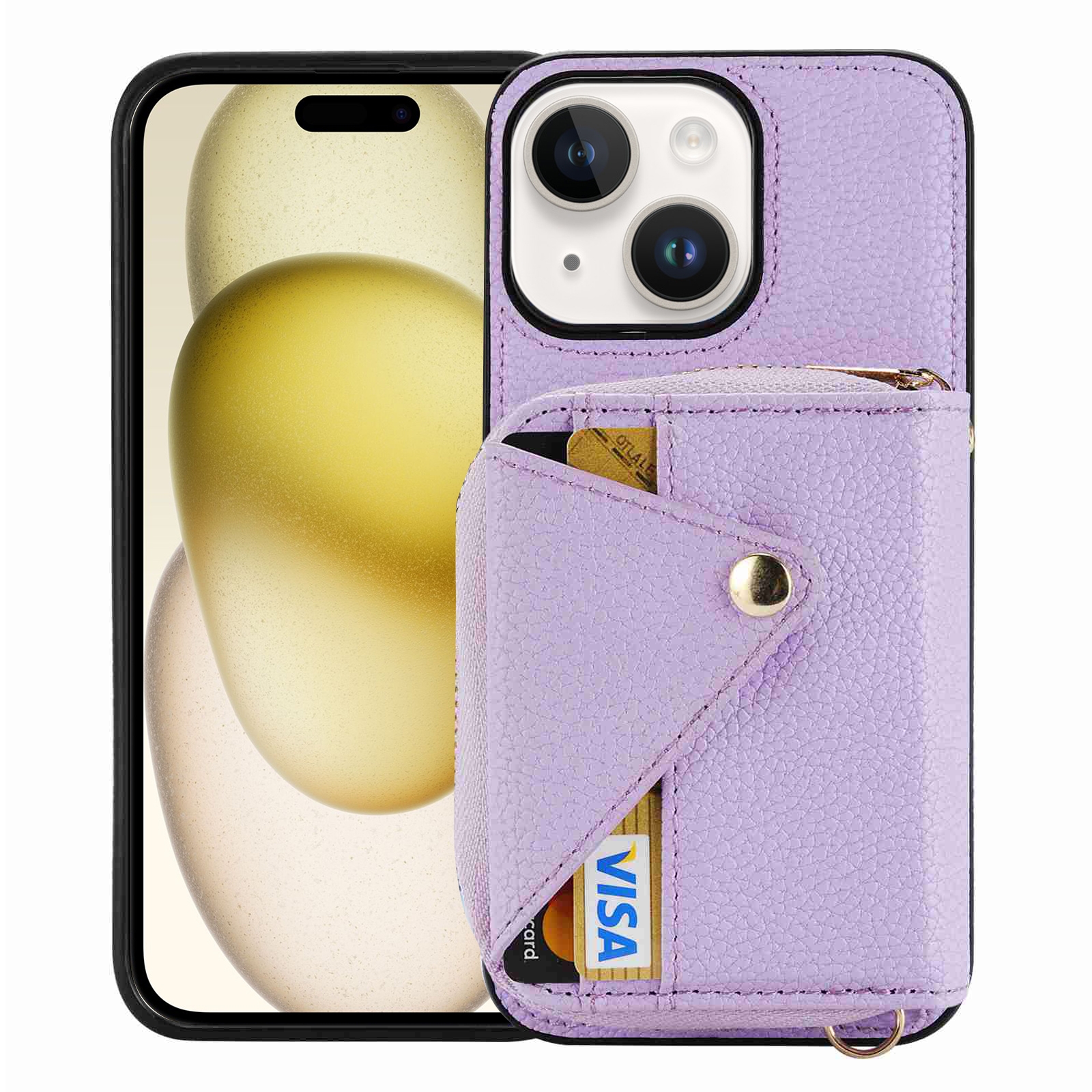 For iPhone 15 Plus / 14 Plus Crossbody Zipper Card Bag RFID Anti-theft Phone Case(Purple) For iPhone 15 Plus / 14 Plus Crossbody Zipper Card Bag RFID Anti-theft Phone Case(Purple)