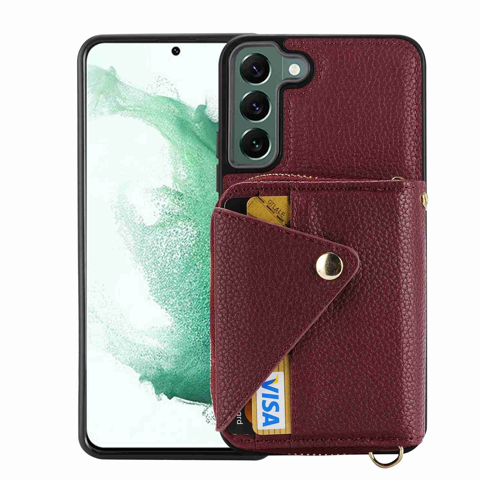 For Samsung Galaxy S22 5G Crossbody Zipper Card Bag RFID Anti-theft Phone Case(Wine Red) For Samsung Galaxy S22 5G Crossbody Zipper Card Bag RFID Anti-theft Phone Case(Wine Red)