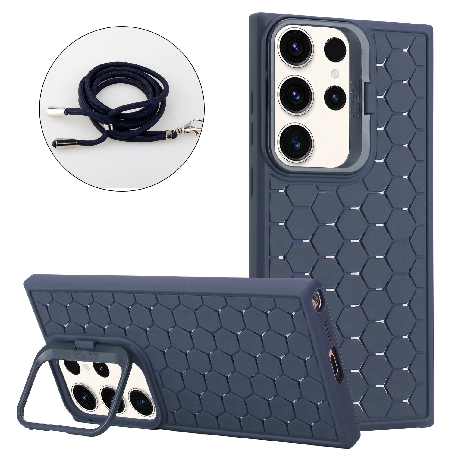 For Samsung Galaxy S24 Ultra 5G Honeycomb Radiating Lens Holder Magsafe Phone Case with Lanyard(Blue) For Samsung Galaxy S24 Ultra 5G Honeycomb Radiating Lens Holder Magsafe Phone Case with Lanyard(Blue)