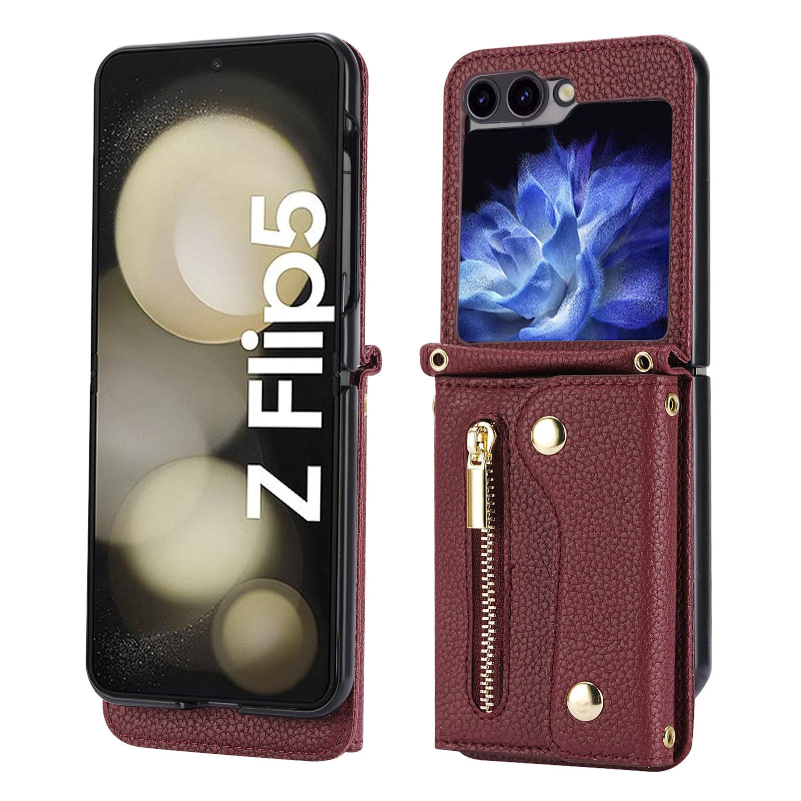For Samsung Galaxy Z Flip5 5G DF-09 Crossbody Litchi texture Card Bag Design PU Phone Case(Wine Red) For Samsung Galaxy Z Flip5 5G DF-09 Crossbody Litchi texture Card Bag Design PU Phone Case(Wine Red)