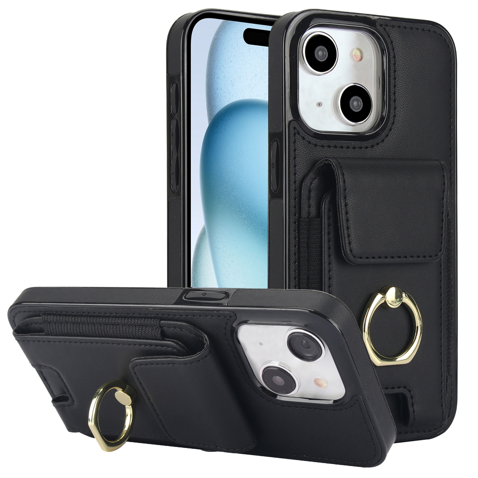For iPhone 15 Elastic Card Bag Ring Holder Phone Case(Black) For iPhone 15 Elastic Card Bag Ring Holder Phone Case(Black)