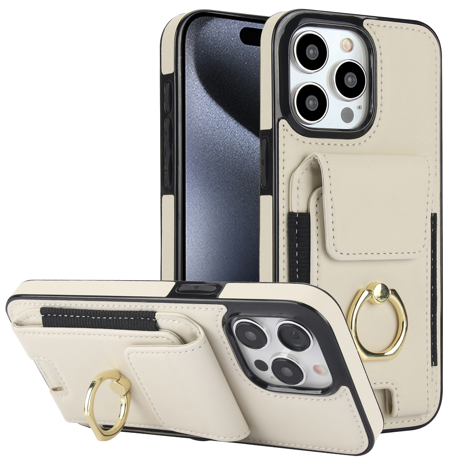 For iPhone 15 Pro Elastic Card Bag Ring Holder Phone Case(White) For iPhone 15 Pro Elastic Card Bag Ring Holder Phone Case(White)