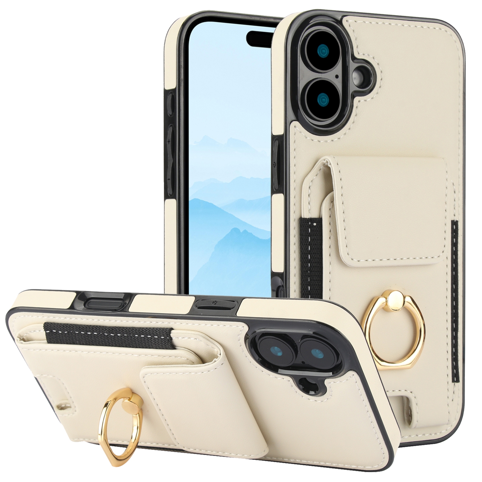 For iPhone 16 Plus Elastic Card Bag Ring Holder Phone Case(White) For iPhone 16 Plus Elastic Card Bag Ring Holder Phone Case(White)