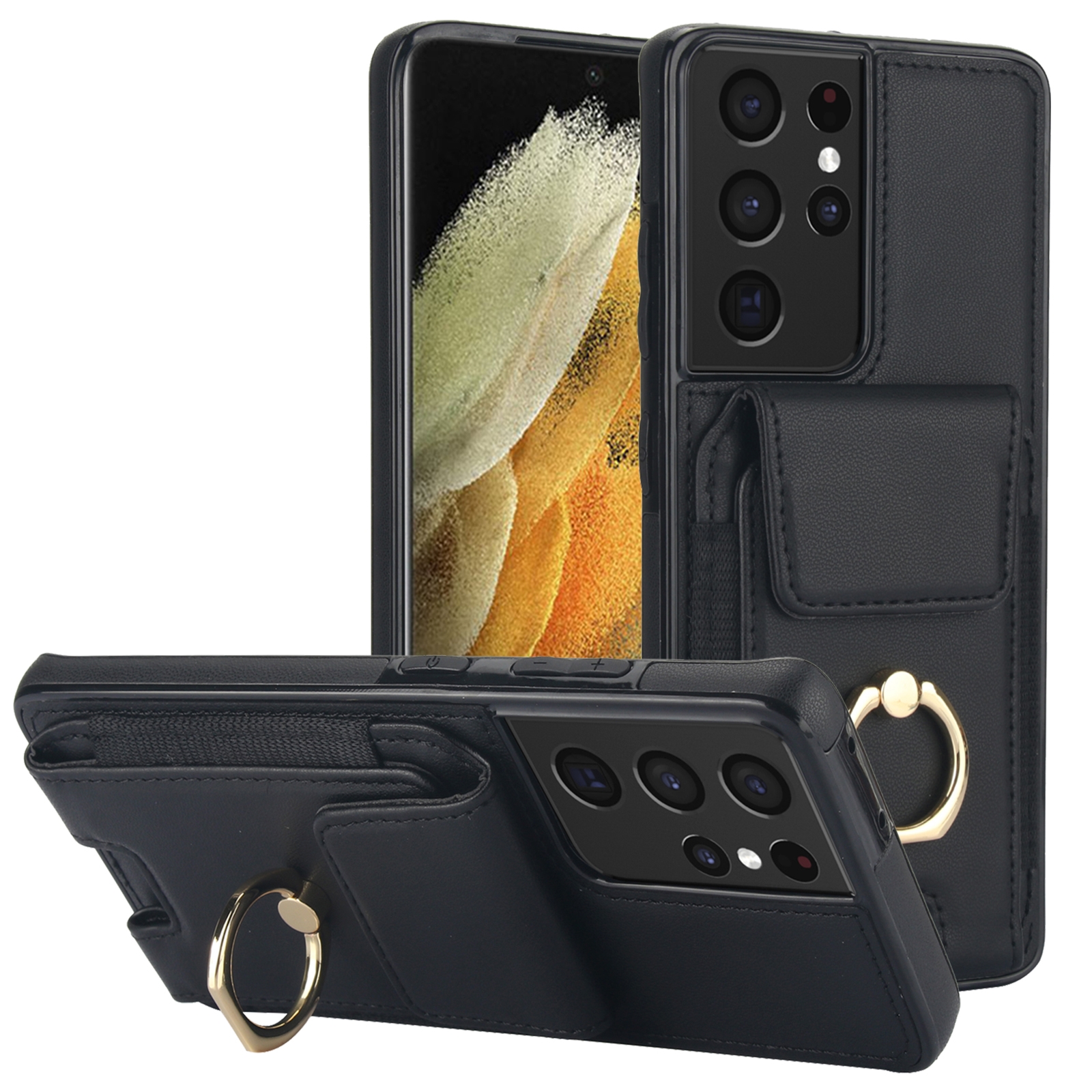 For Samsung Galaxy S21 Ultra 5G Elastic Card Bag Ring Holder Phone Case(Black) For Samsung Galaxy S21 Ultra 5G Elastic Card Bag Ring Holder Phone Case(Black)