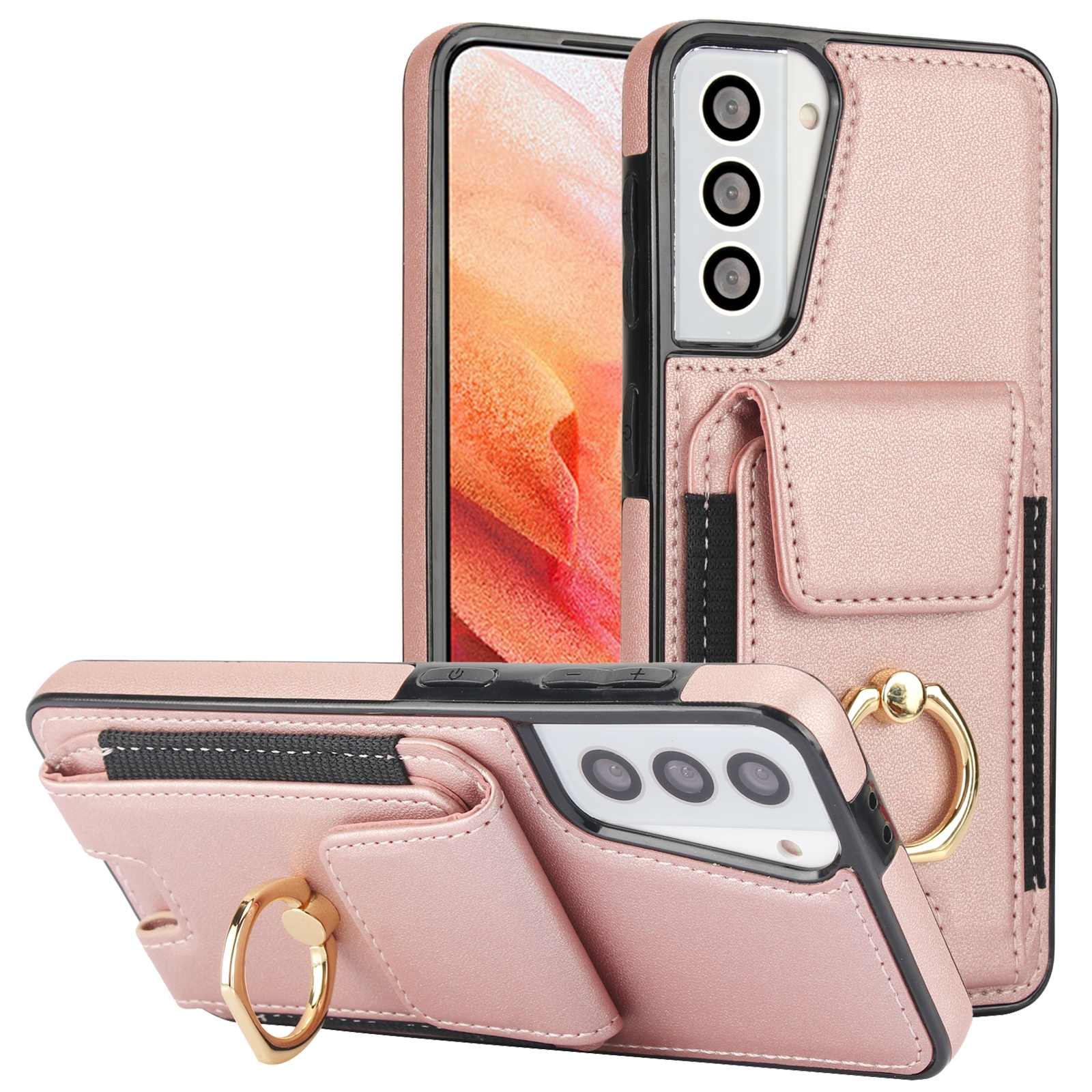 For Samsung Galaxy S21 5G Elastic Card Bag Ring Holder Phone Case(Rose Gold) For Samsung Galaxy S21 5G Elastic Card Bag Ring Holder Phone Case(Rose Gold)
