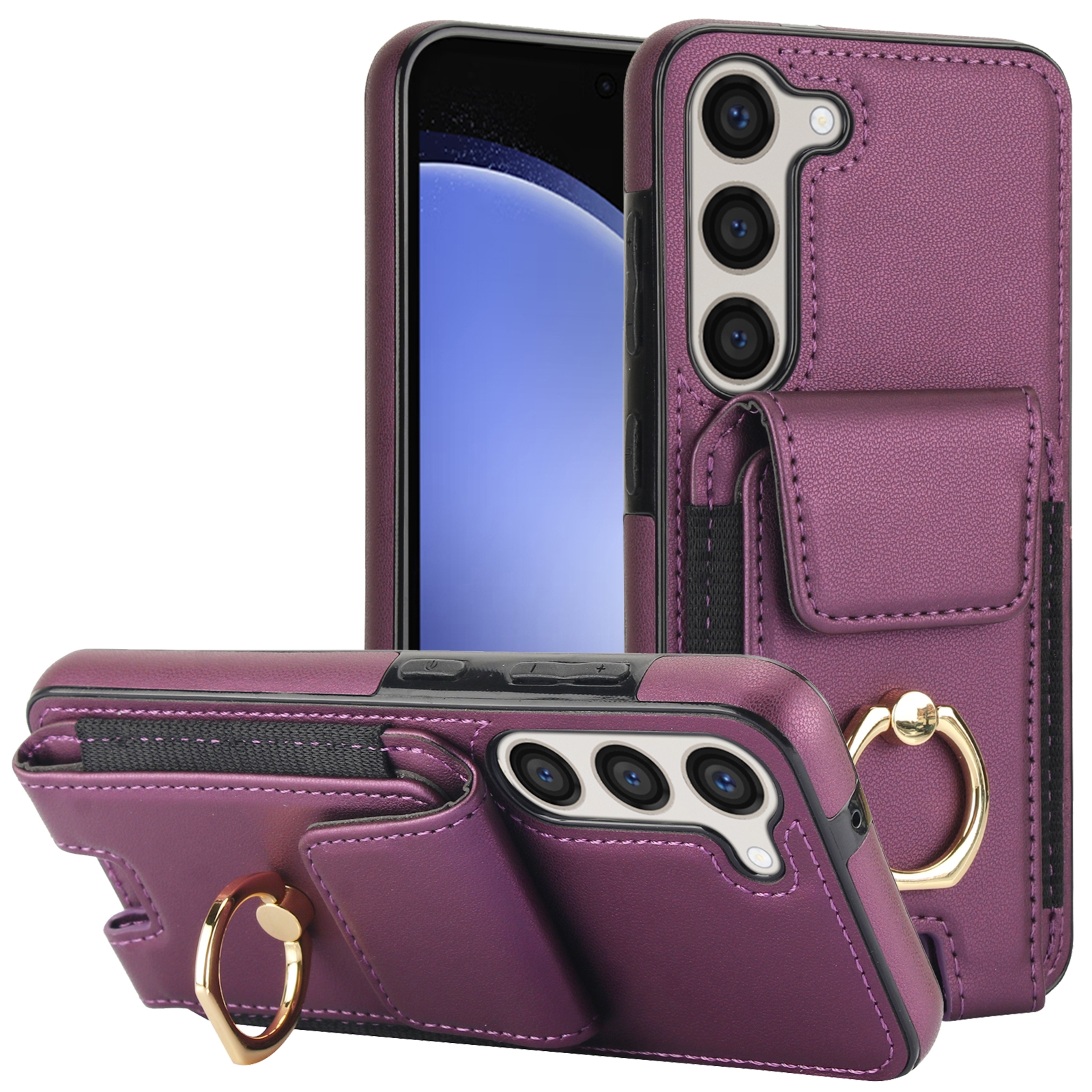 For Samsung Galaxy S23 5G Elastic Card Bag Ring Holder Phone Case(Purple) For Samsung Galaxy S23 5G Elastic Card Bag Ring Holder Phone Case(Purple)