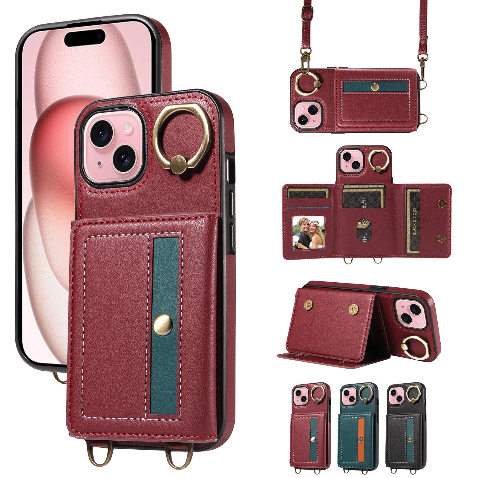 For iPhone 15 Plus Crossbodys Card Bag Ring Holder Leather Phone Case(Red) For iPhone 15 Plus Crossbodys Card Bag Ring Holder Leather Phone Case(Red)
