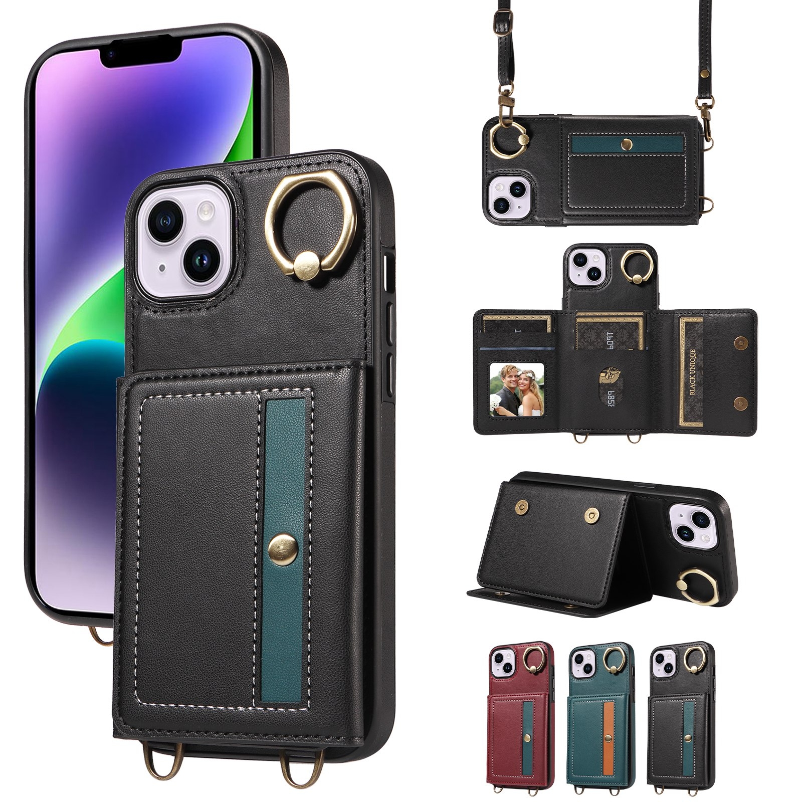 For iPhone 14 Plus Crossbodys Card Bag Ring Holder Leather Phone Case(Black) For iPhone 14 Plus Crossbodys Card Bag Ring Holder Leather Phone Case(Black)