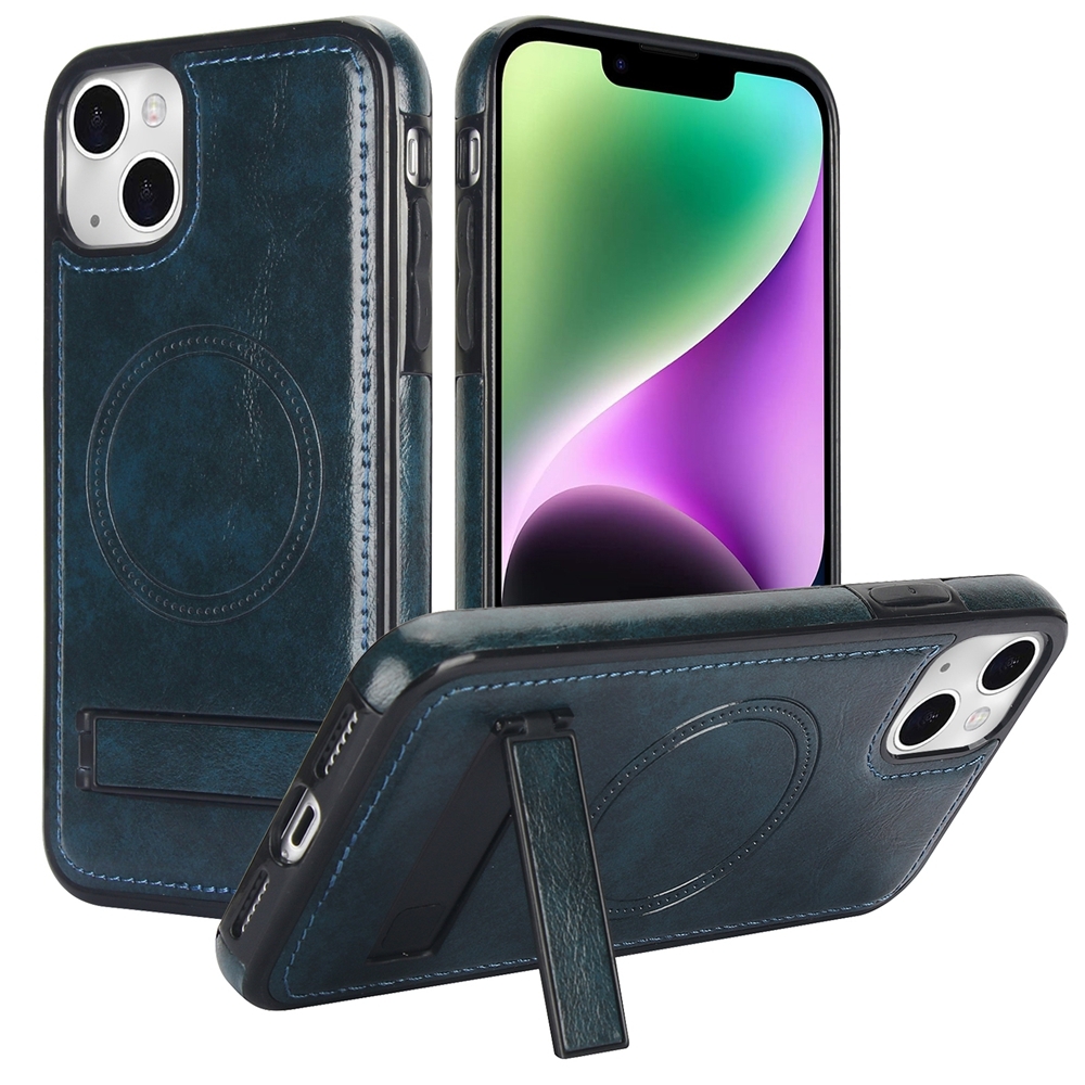 For iPhone 14 Retro Leather Invisible Stand MagSafe Phone Case(Blue) For iPhone 14 Retro Leather Invisible Stand MagSafe Phone Case(Blue)