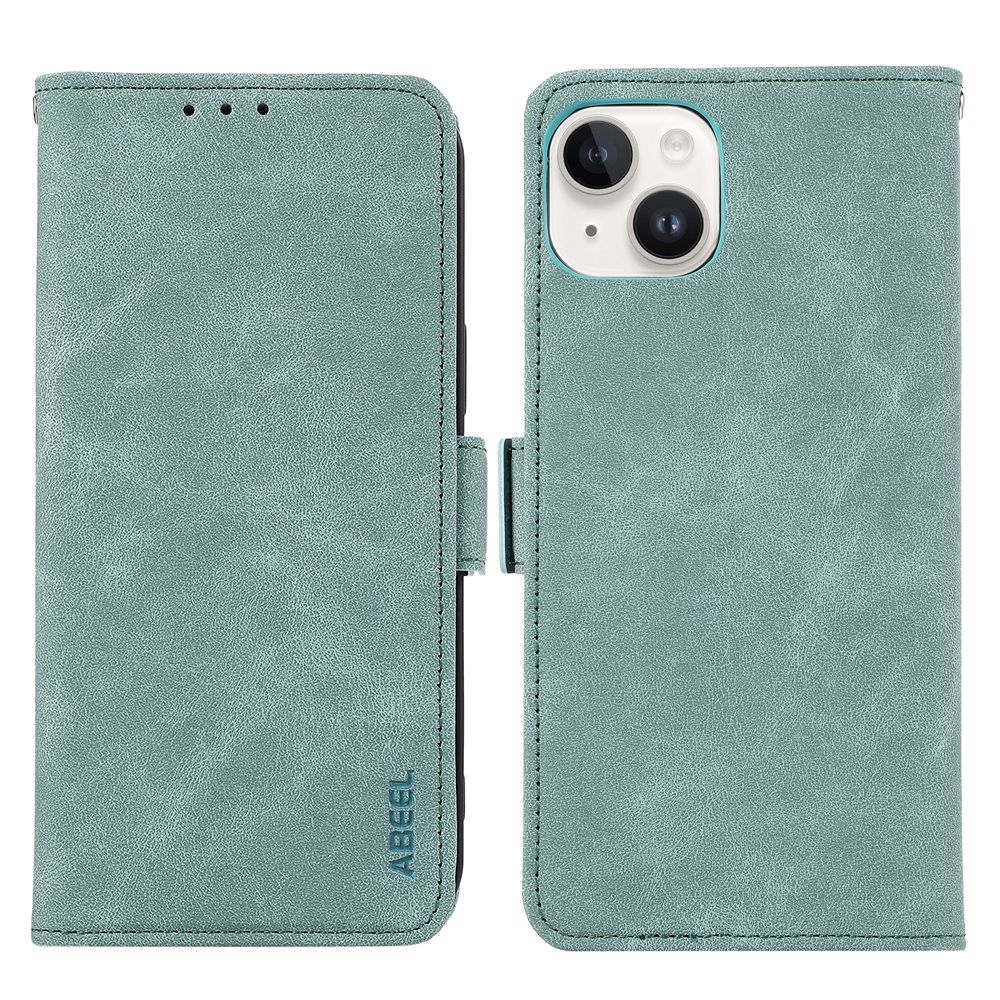 For iPhone 15 Plus ABEEL Frosted Magnetic RFID Leather Phone Case(Cyan) For iPhone 15 Plus ABEEL Frosted Magnetic RFID Leather Phone Case(Cyan)