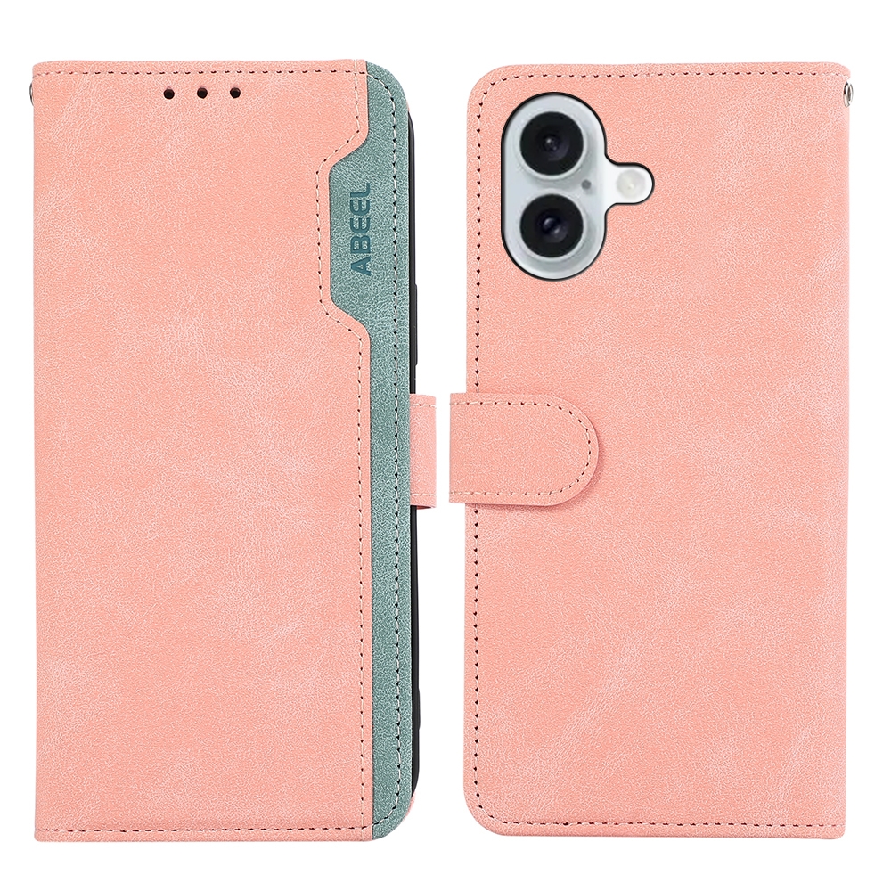 For iPhone 16 ABEEL Color Block Magnetic RFID Leather Phone Case(Pink-Cyan) For iPhone 16 ABEEL Color Block Magnetic RFID Leather Phone Case(Pink-Cyan)
