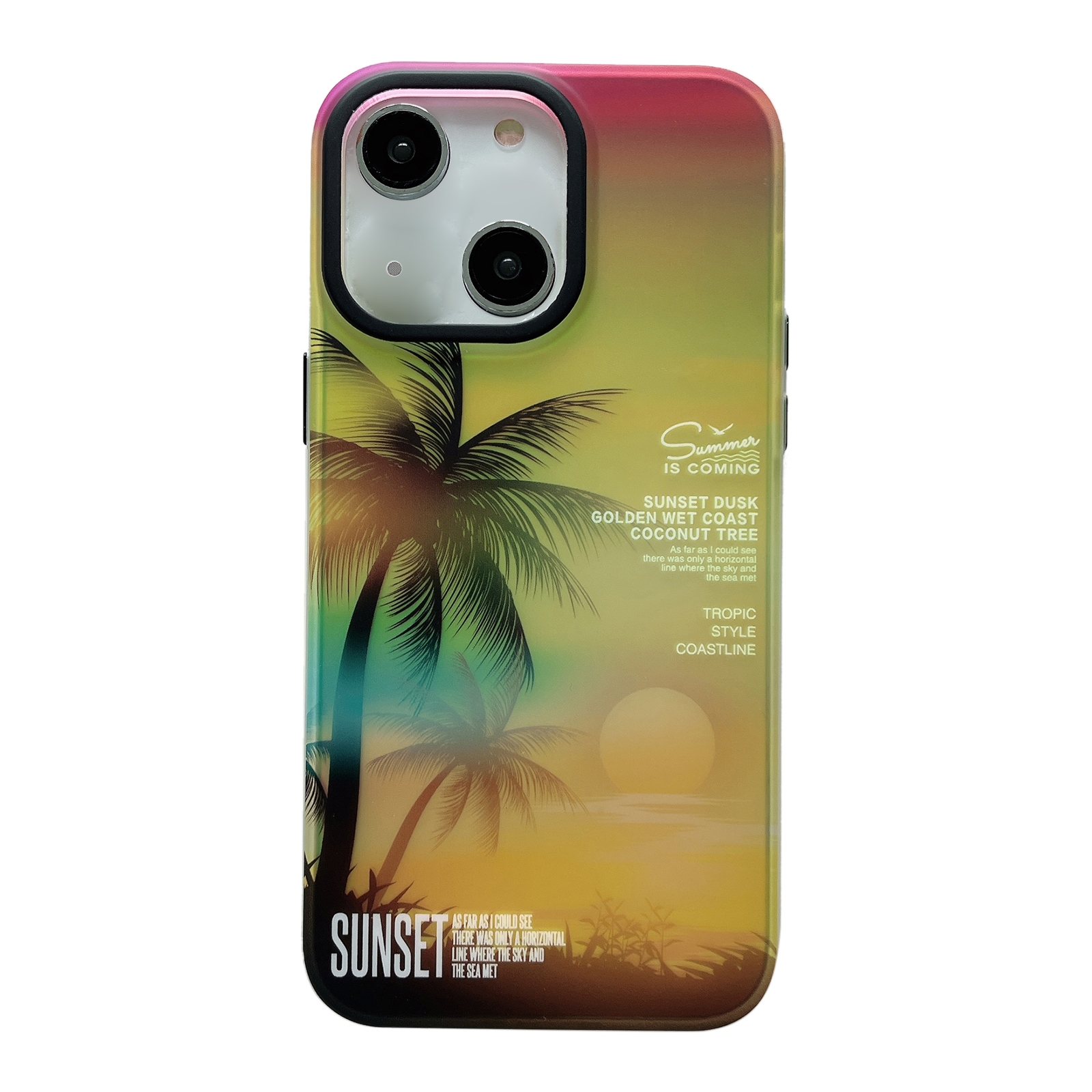For iPhone 15 SUNSET Coconut Tree Dual-side Laminating Laser Phone Case(Yellow) For iPhone 15 SUNSET Coconut Tree Dual-side Laminating Laser Phone Case(Yellow)