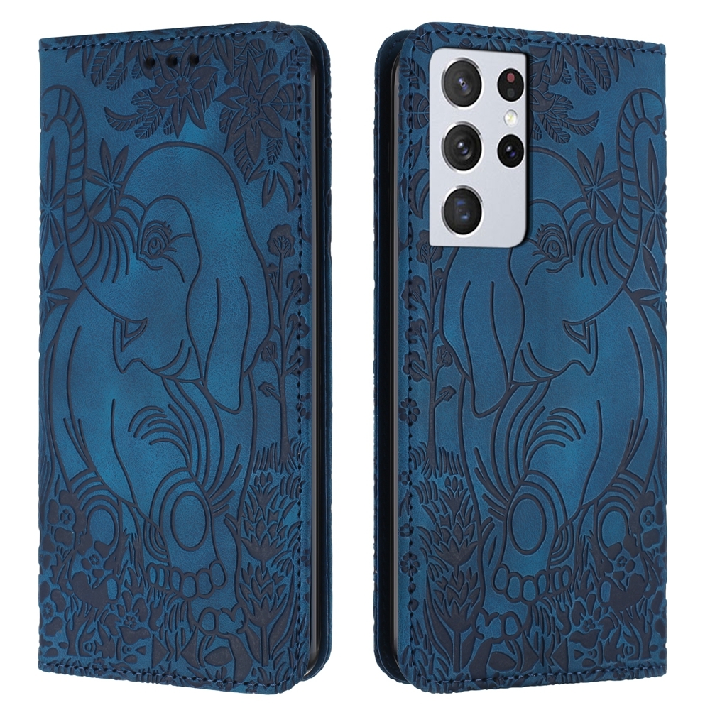 For Samsung Galaxy S21 Ultra 5G Retro Elephant Embossed Leather Phone Case(Blue) For Samsung Galaxy S21 Ultra 5G Retro Elephant Embossed Leather Phone Case(Blue)