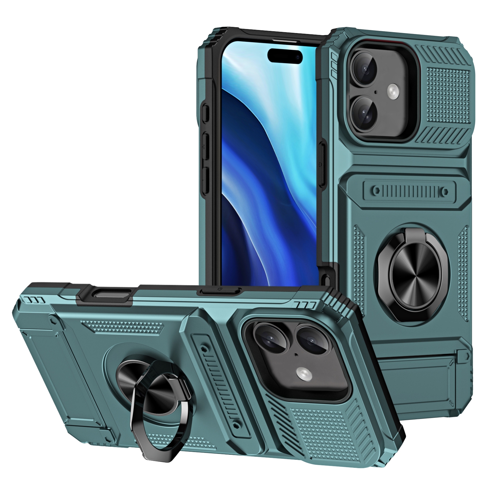 For iPhone 16 TPU+PC Shockproof Card Phone Case with Metal Ring Holder(Green) For iPhone 16 TPU+PC Shockproof Card Phone Case with Metal Ring Holder(Green)