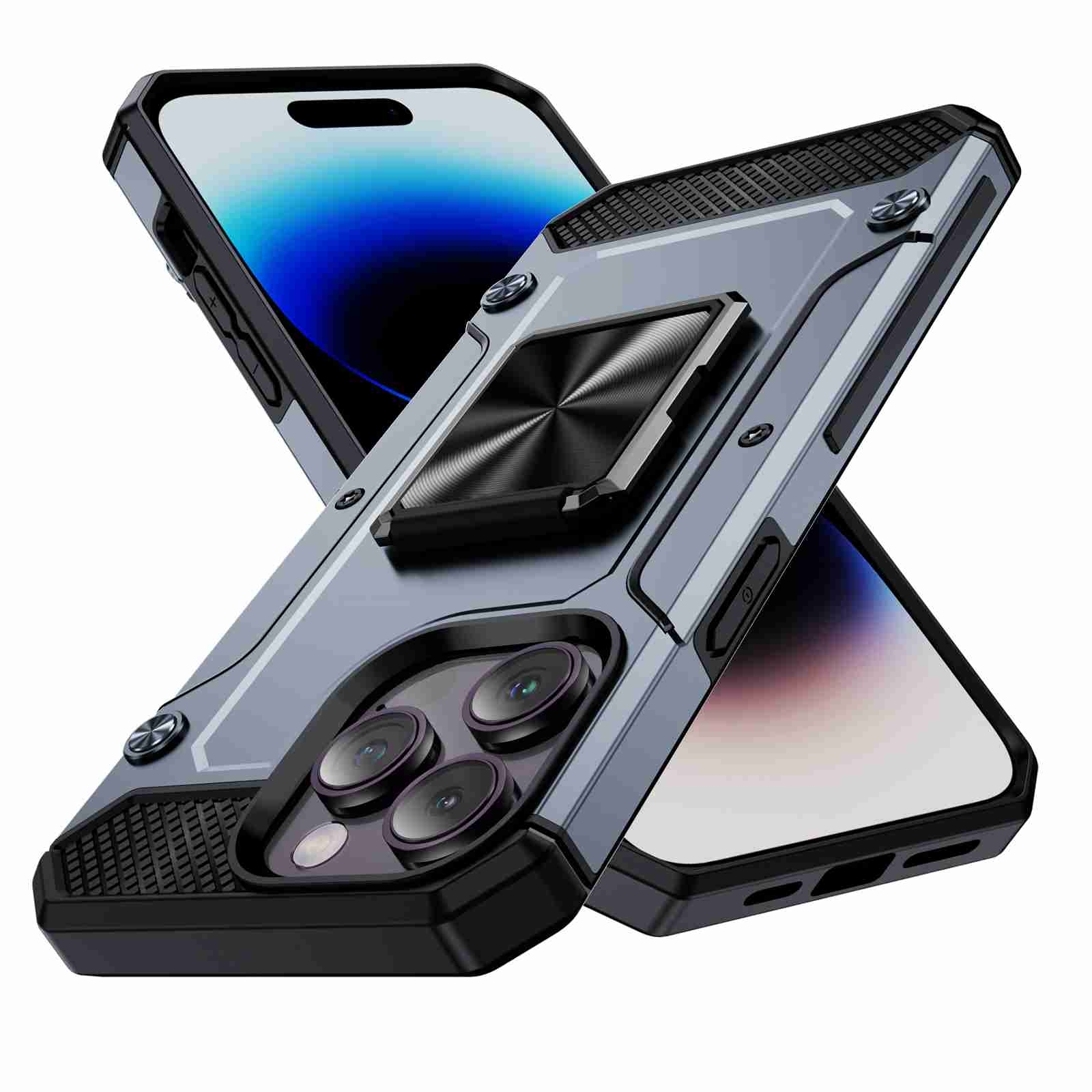 For iPhone 14 Pro Shockproof Metal Holder Phone Case(Grey) For iPhone 14 Pro Shockproof Metal Holder Phone Case(Grey)