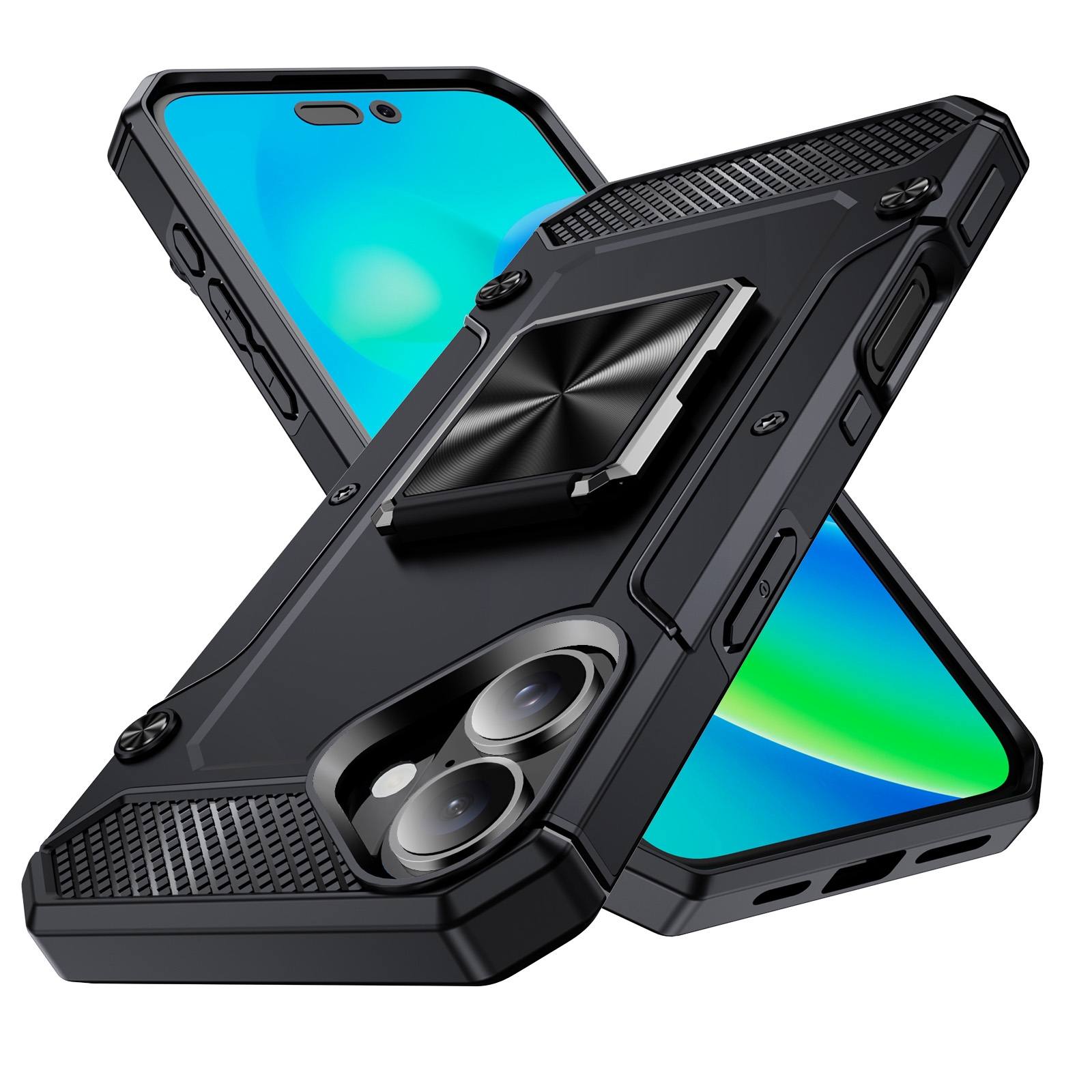 For iPhone 16 Plus Shockproof Metal Holder Phone Case(Black) For iPhone 16 Plus Shockproof Metal Holder Phone Case(Black)