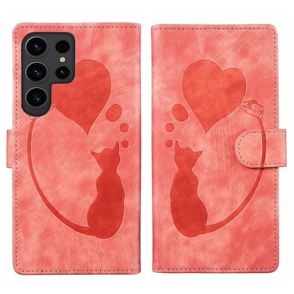For Samsung Galaxy S24 Ultra 5G Pen Heart Cat Embossed Leather Phone Case(Orange) For Samsung Galaxy S24 Ultra 5G Pen Heart Cat Embossed Leather Phone Case(Orange)