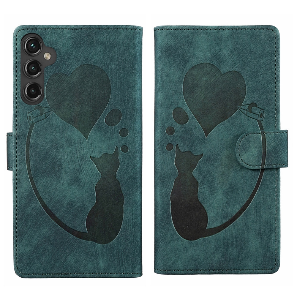 For Samsung Galaxy S24 5G Pen Heart Cat Embossed Leather Phone Case(Green) For Samsung Galaxy S24 5G Pen Heart Cat Embossed Leather Phone Case(Green)