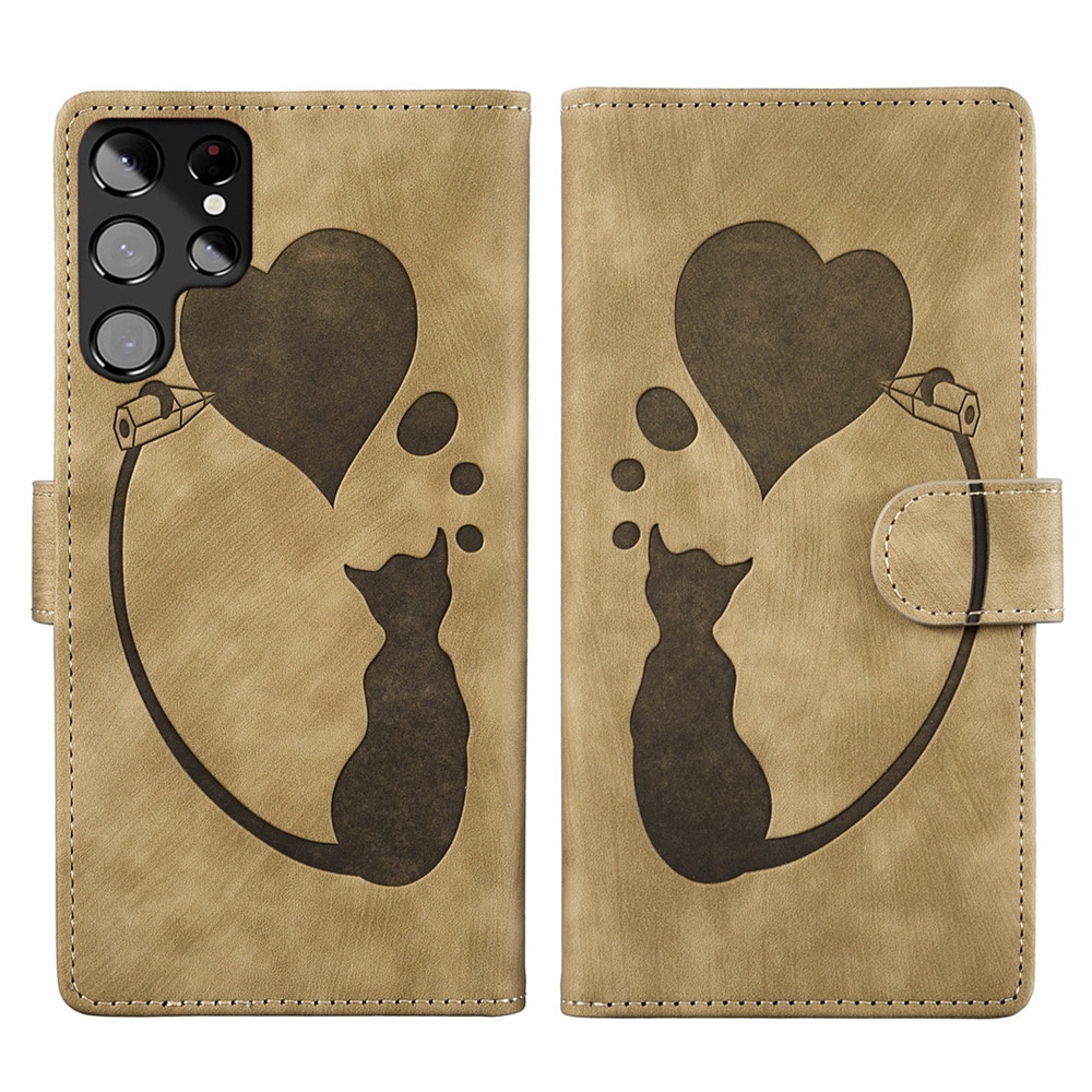 For Samsung Galaxy S22 Ultra 5G Pen Heart Cat Embossed Leather Phone Case(Apricot) For Samsung Galaxy S22 Ultra 5G Pen Heart Cat Embossed Leather Phone Case(Apricot)