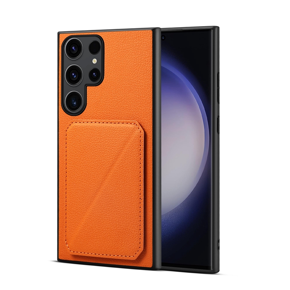 For Samsung Galaxy S23 Ultra 5G D04 Calf Texture Dual Card Slot Holder Phone Case(Orange) For Samsung Galaxy S23 Ultra 5G D04 Calf Texture Dual Card Slot Holder Phone Case(Orange)