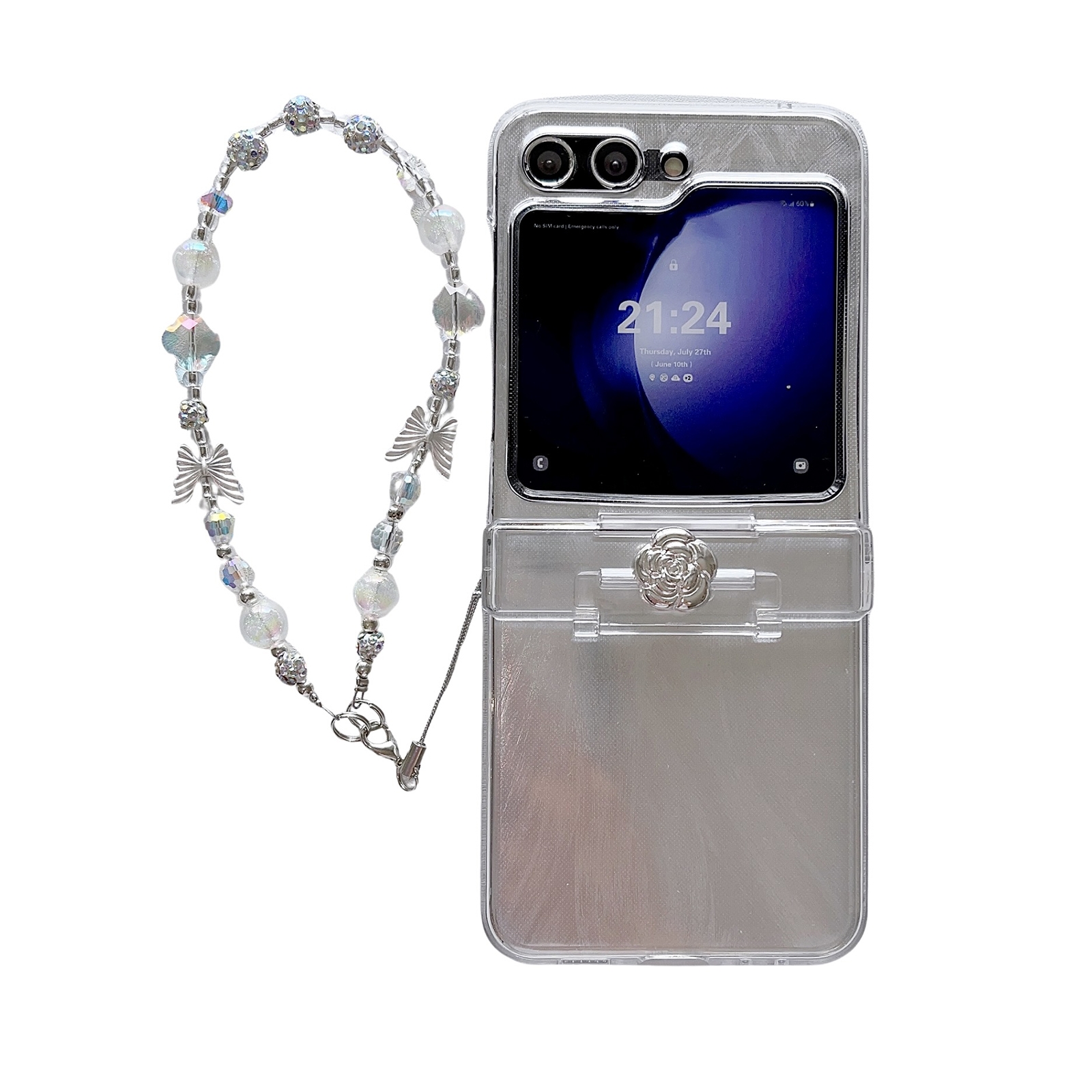 For Samsung Galaxy Z Flip5 5G Skin Feel PC Feather Gauze Glitter Paper Camellia Phone Case with Bracelet(Transparent) For Samsung Galaxy Z Flip5 5G Skin Feel PC Feather Gauze Glitter Paper Camellia Phone Case with Bracelet(Transparent)