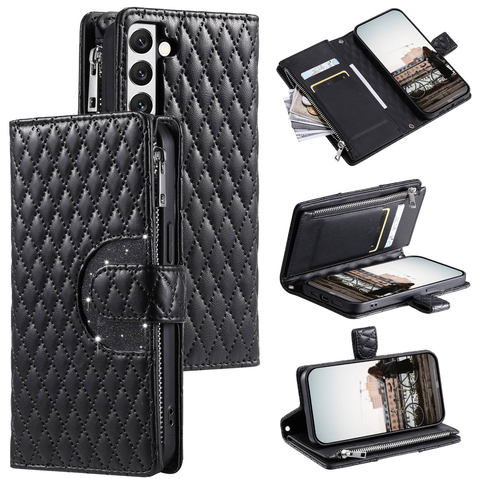 For Samsung Galaxy S22 5G Glitter Lattice Zipper Wallet Leather Phone Case(Black) For Samsung Galaxy S22 5G Glitter Lattice Zipper Wallet Leather Phone Case(Black)