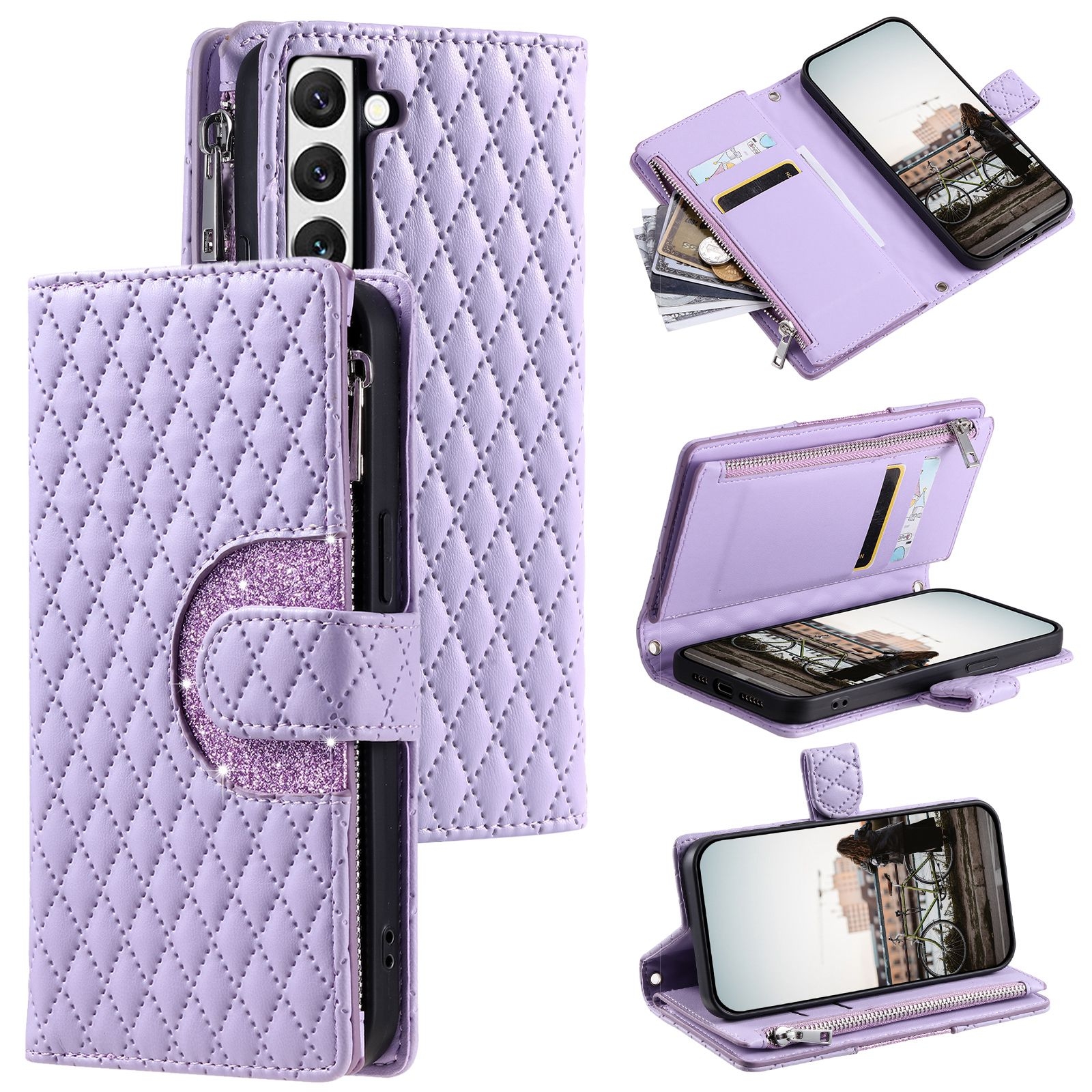 For Samsung Galaxy S22+ 5G Glitter Lattice Zipper Wallet Leather Phone Case(Purple) For Samsung Galaxy S22+ 5G Glitter Lattice Zipper Wallet Leather Phone Case(Purple)