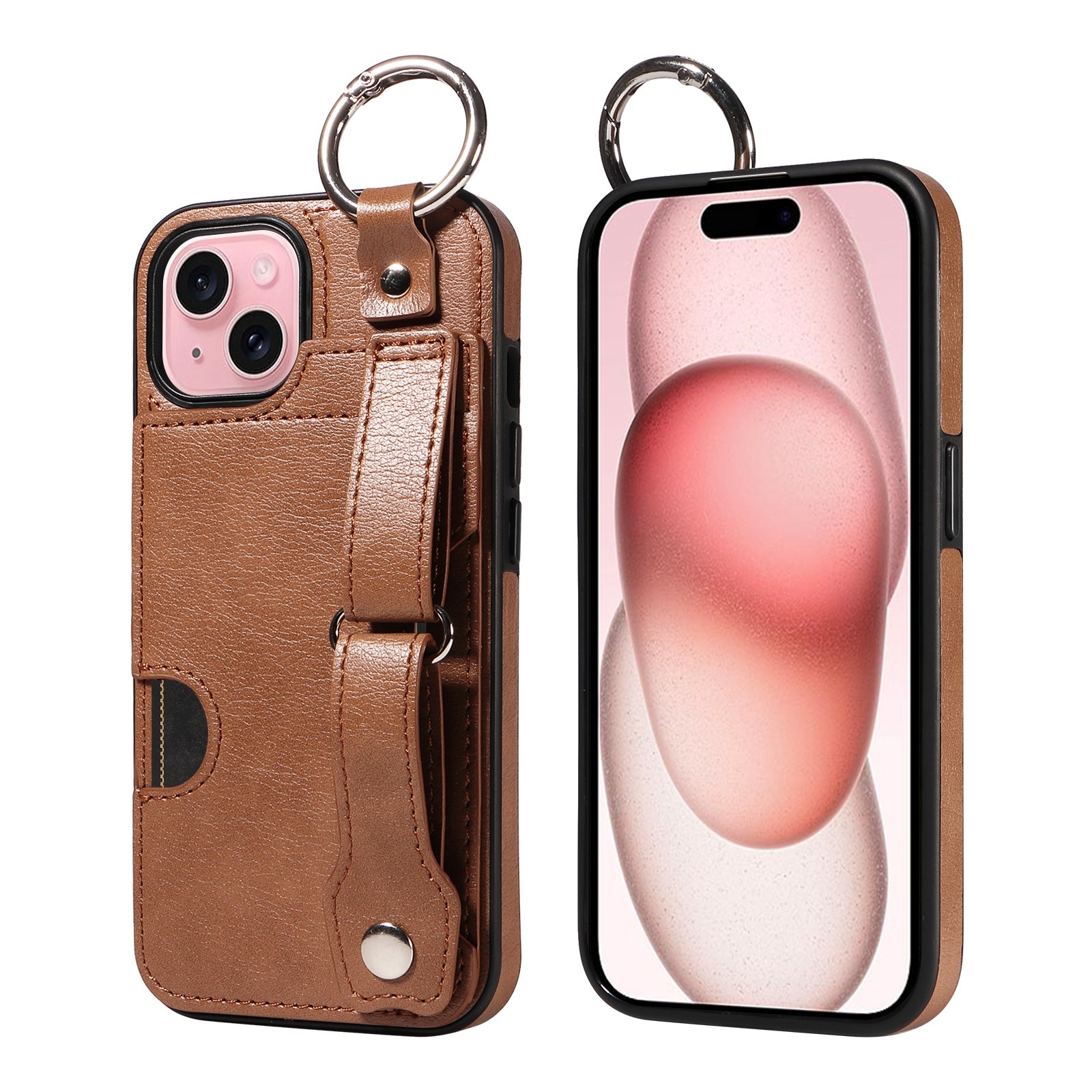 For iPhone 15 Plus Calf Texture Wrist Card Slot Ring Phone Case(Brown) For iPhone 15 Plus Calf Texture Wrist Card Slot Ring Phone Case(Brown)