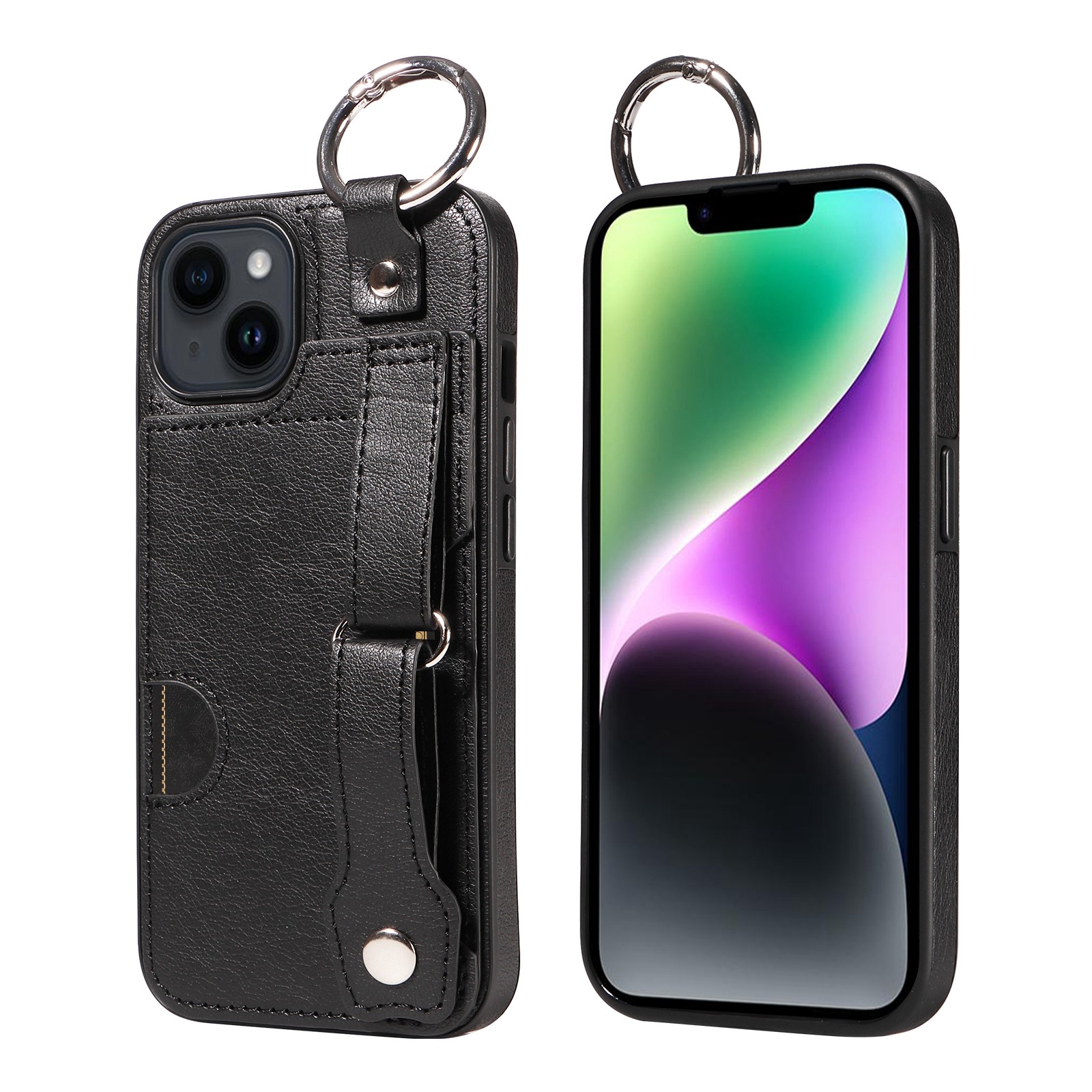 For iPhone 14 Plus Calf Texture Wrist Card Slot Ring Phone Case(Black) For iPhone 14 Plus Calf Texture Wrist Card Slot Ring Phone Case(Black)