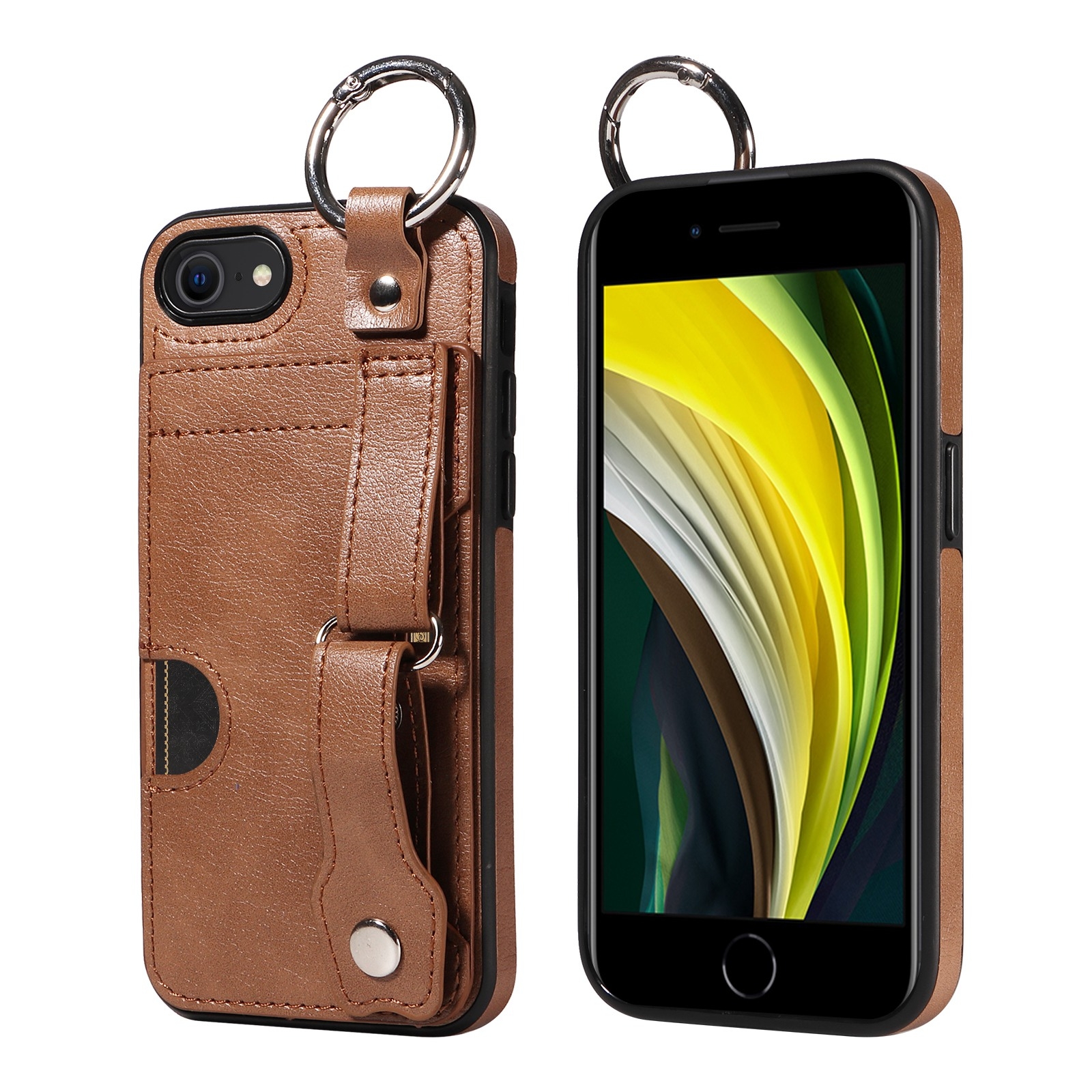 For iPhone 7 / 8 / SE 2022 Calf Texture Wrist Card Slot Ring Phone Case(Brown) For iPhone 7 / 8 / SE 2022 Calf Texture Wrist Card Slot Ring Phone Case(Brown)